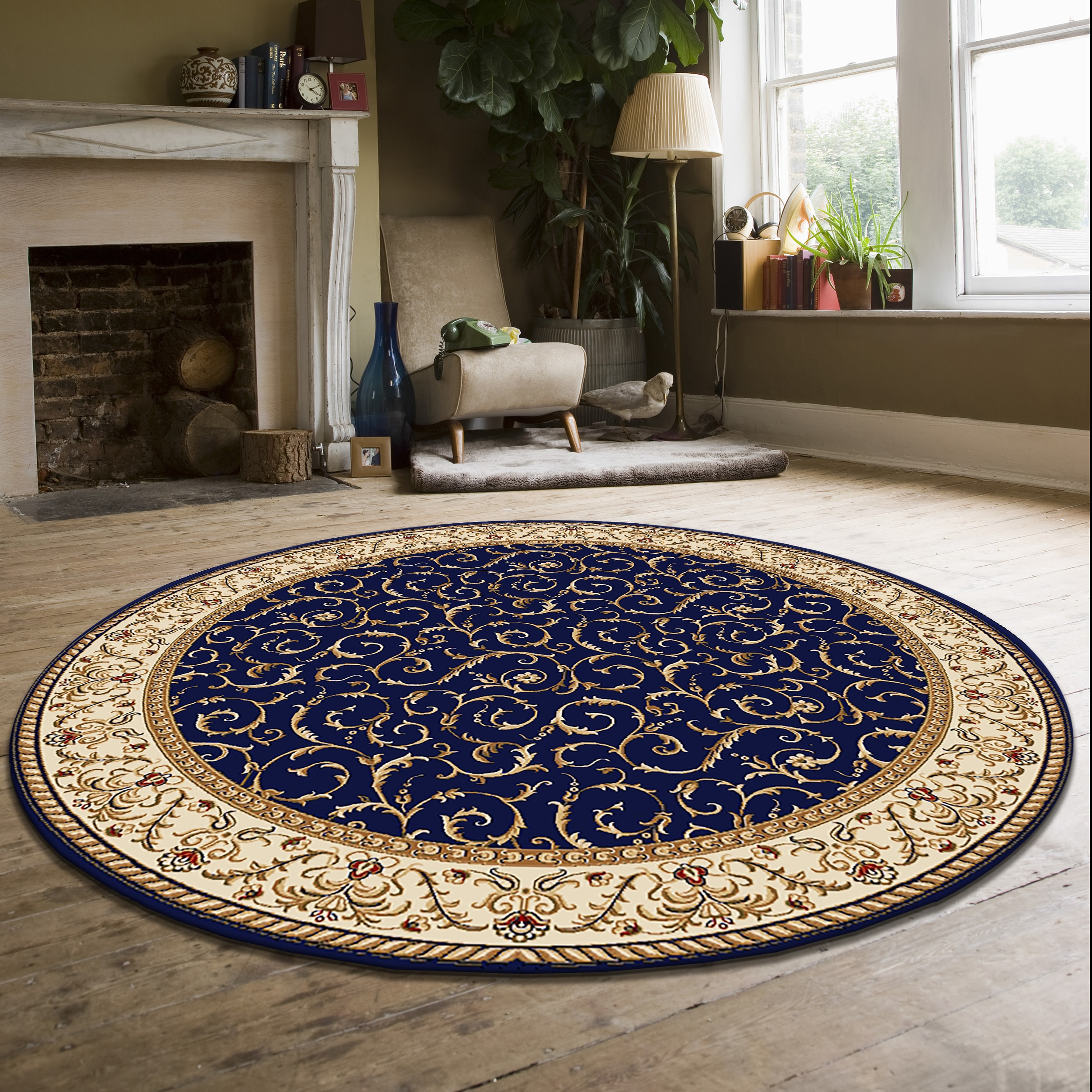 Radici USA 1599/1556/NAVY Como 8 x 8 (ft) Polypropylene Navy Round Indoor Floral/Botanical Oriental Area rug