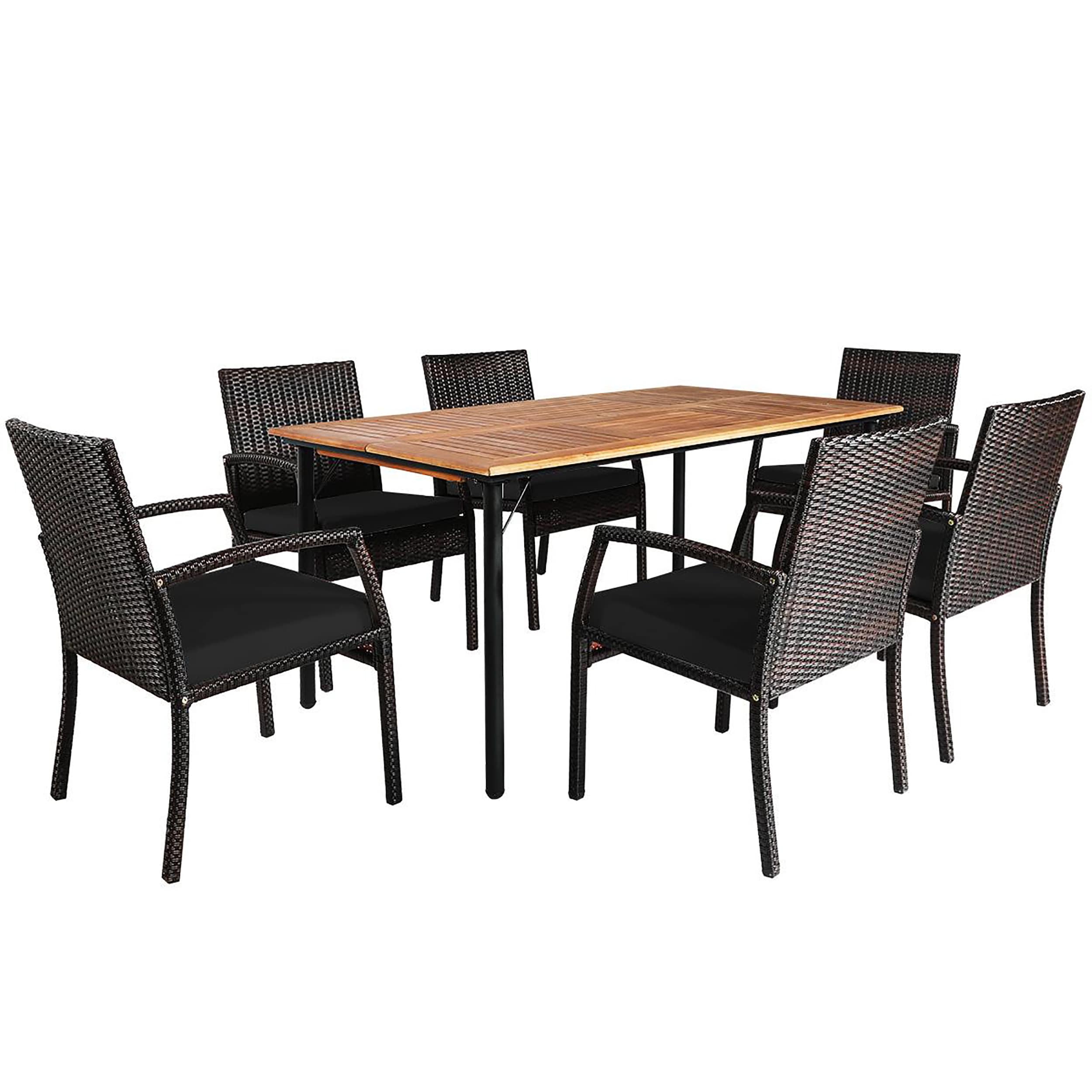 Costway HW70680DK+ 7 -Piece Black Wicker Patio Dining Set Wood Rectangle Table with 6 Black Cushions Stationary Chairs
