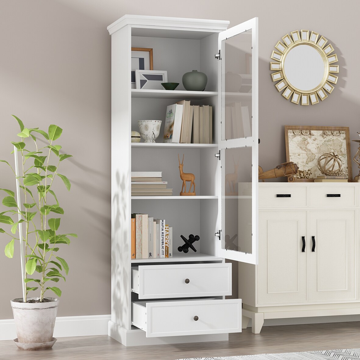 FUFU&GAGA White Particleboard 4-Shelf Bookcase with Doors (23.6-in W x ...