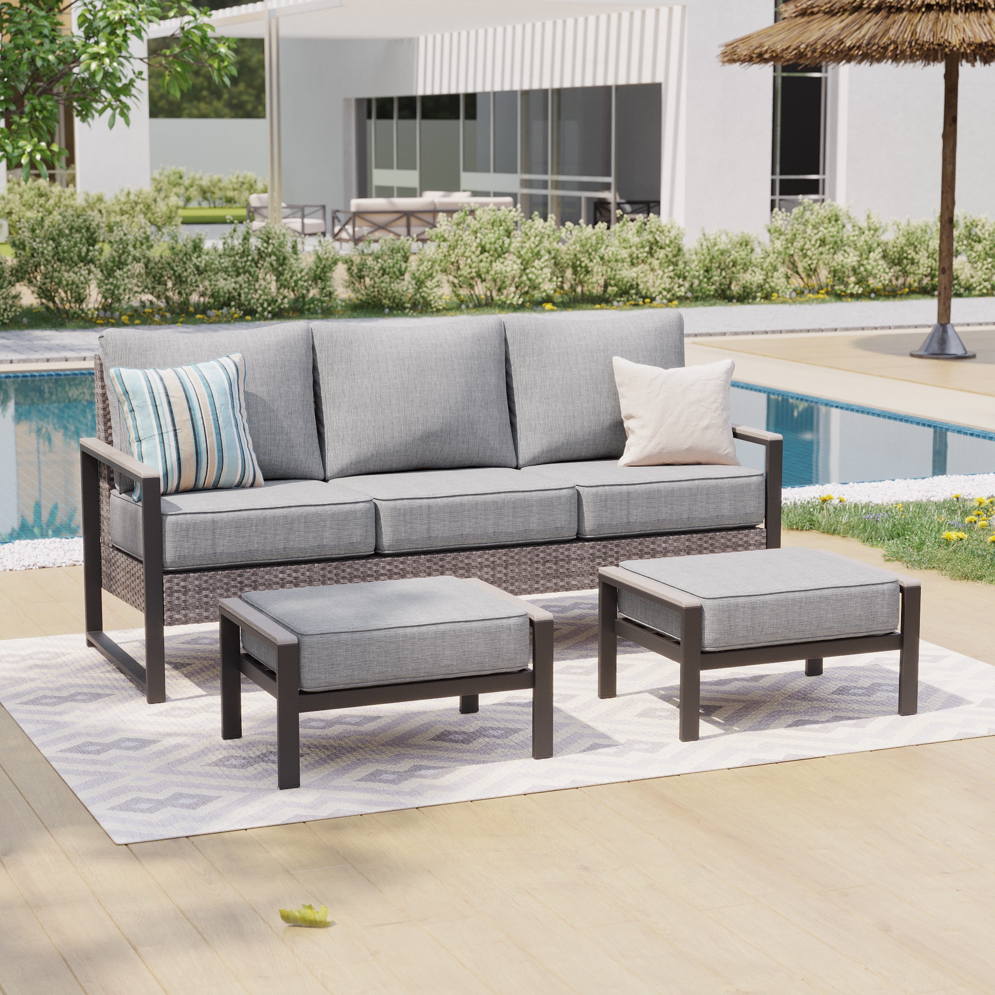 Sonkuki SD-R-HLY-120T2 3 -Piece Wicker Patio Sofa Conversation Set with Gray Cushions