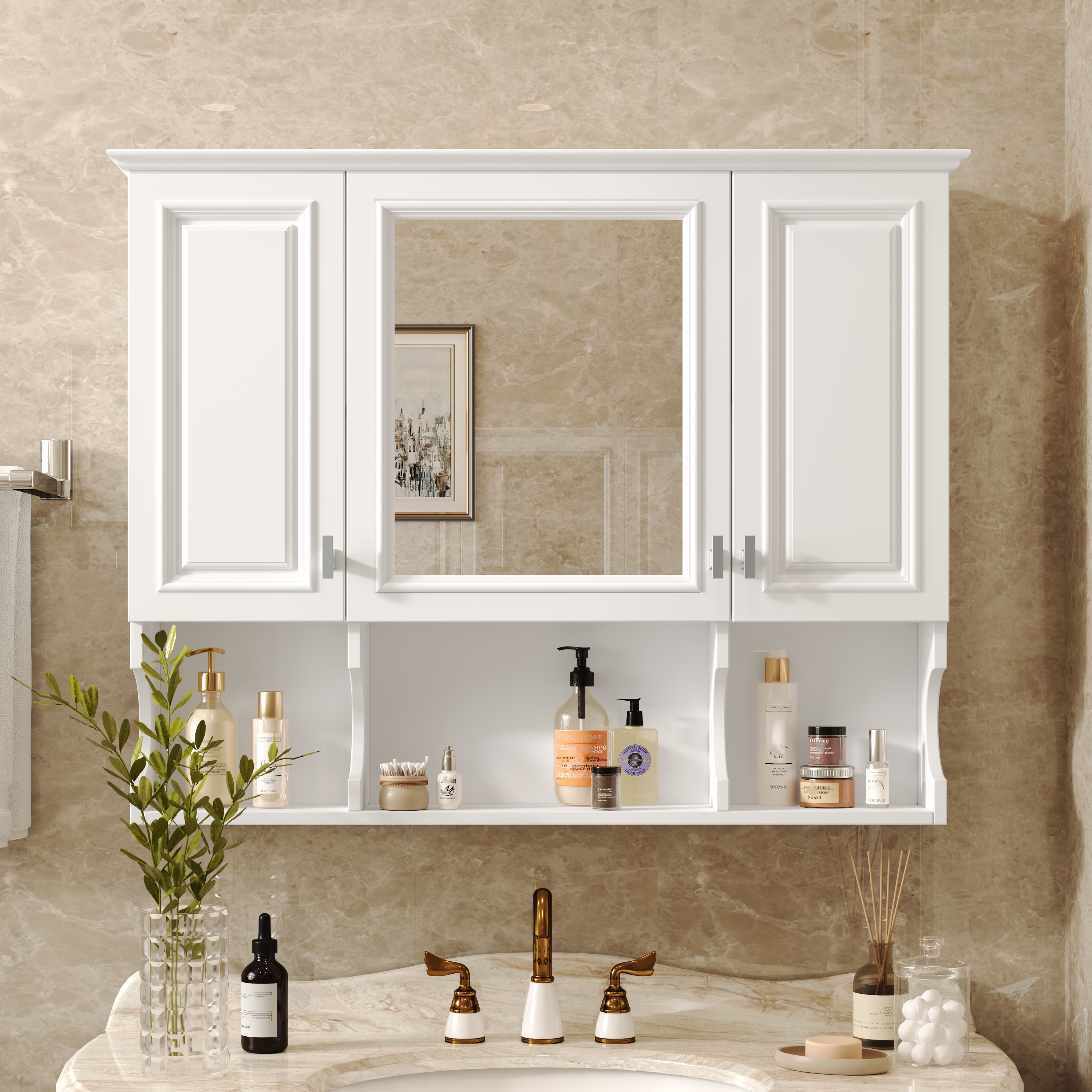 WELLFOR GIZQN7101AK 35-Inches x 28.7-Inches Surface Mount White Mirrored Rectangle Soft Close Medicine Cabinet