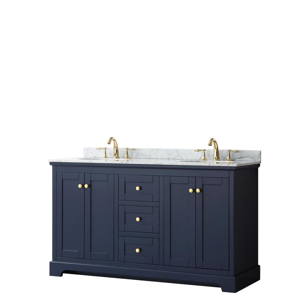 Wyndham Collection WCV232360DBLCMUNOMXX Avery 60-in Dark Blue with Brushed Gold Trim Undermount Double sink Bathroom Vanity with White Carrara Marble Natural marble Top