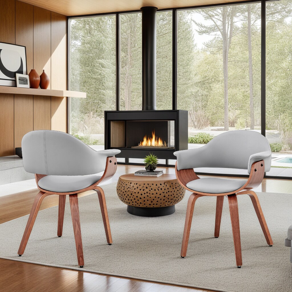 Contemporary Gray Faux Leather Armchair with Walnut Wood Frame
