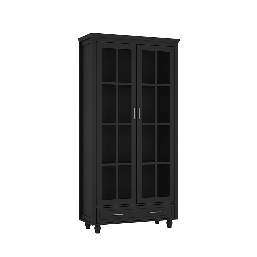 Modern Black Bookcase with Two Doors Two Drawers Tempered Glass Panels Solid Wood Legs and Spacious Storage #V-KF330076-02