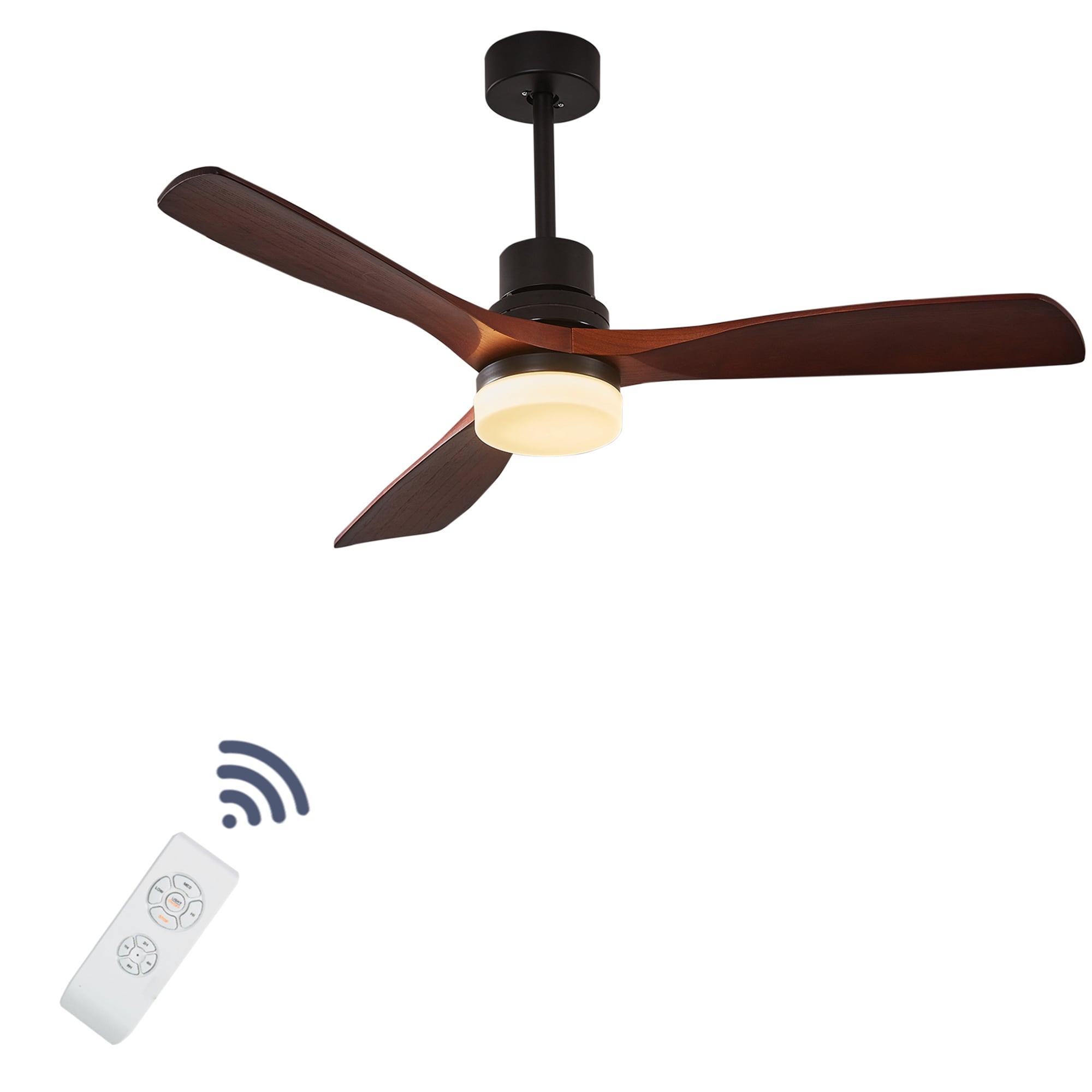 ExBrite DICF0096 52-Inches Matte Black with Solid Wood Blades Color-Changing Integrated LED Fixture Indoor Downrod mount Standard Ceiling Fan With Light and Remote ( 3 -Blade)