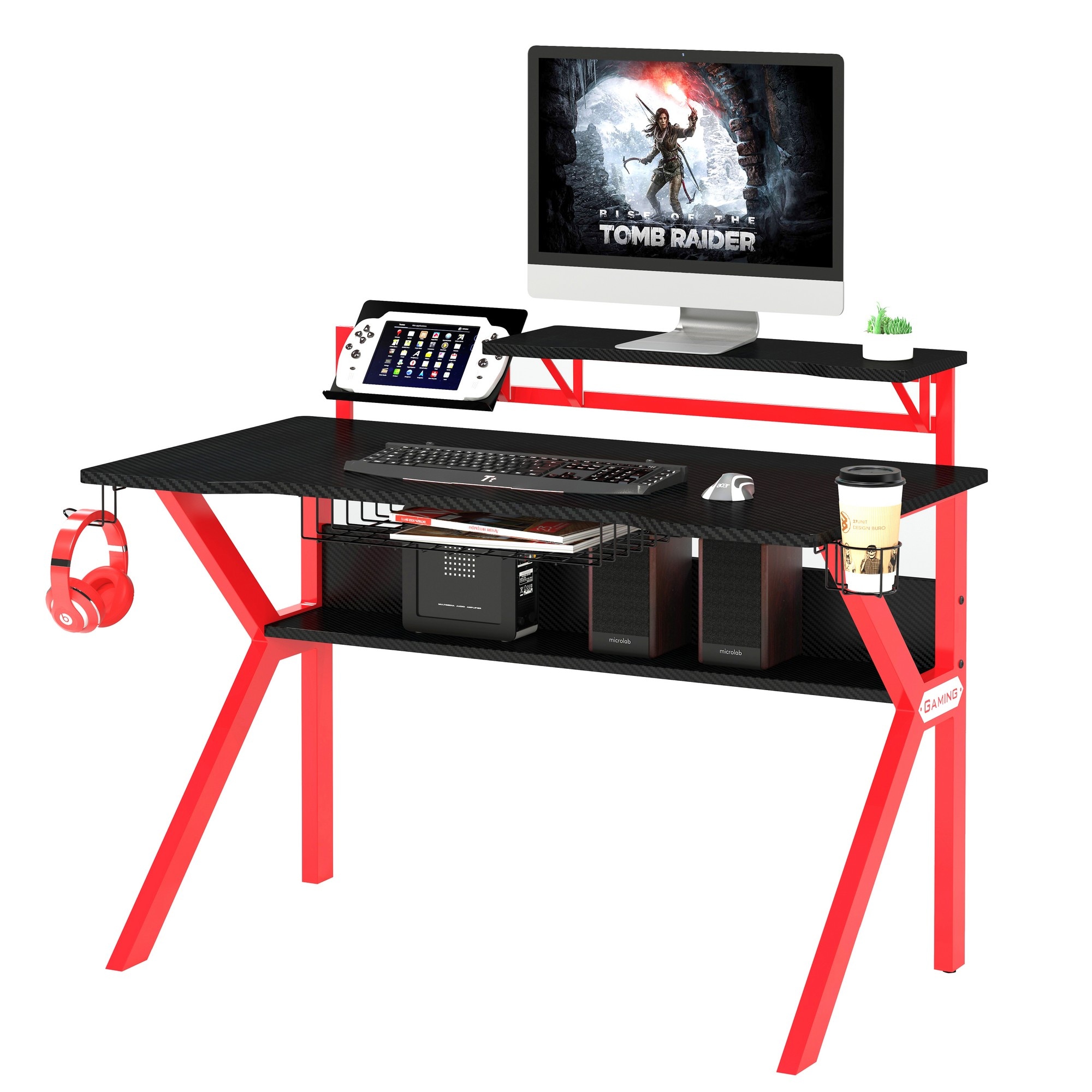 39 in. Carbon Fiber Computer Gaming Desk with Raised Monitor Shelf