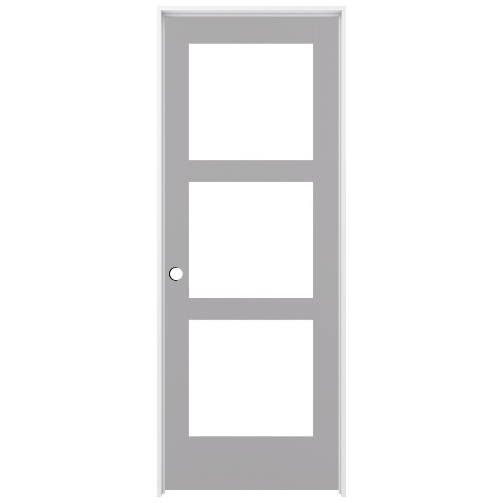 RELIABILT LO1370325 36-in x 80-in Driftwood Solid core 3-panel square Frosted glass Right hand Smooth Prefinished Pine Wood Flat Jamb Single Prehung Interior Door
