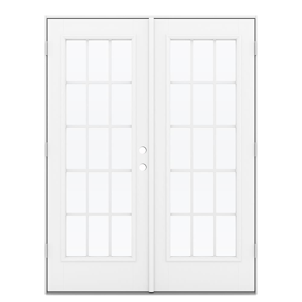 JELD-WEN LOWOLJW184100179 F-3500 60-in x 80-in x 4-9/16-in Jamb Low-E Grilles between the glass , White Fiberglass Right-hand outswing French Double Patio Door