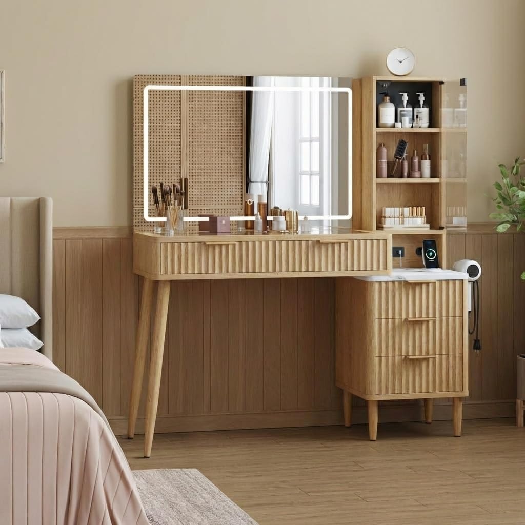 IdealHouse Vanity Desk Makeup Vanity Desk with Mirror and Lights Wooden Dressing Table with Mirror White Vanity with Lighted Mirror Makeup Desk with