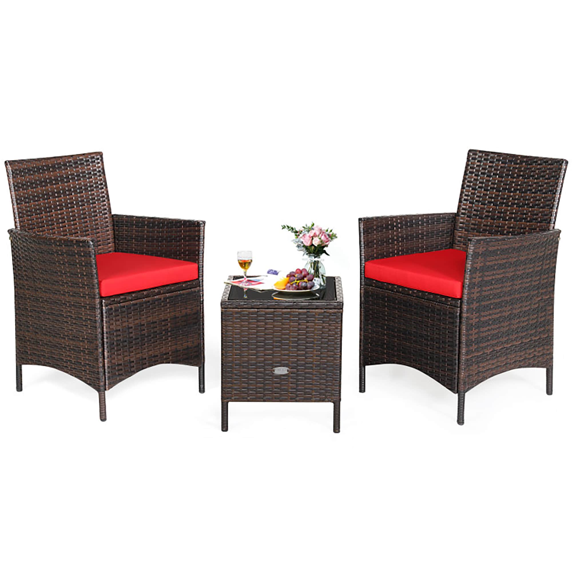 CASAINC HX-SM1001-C 3 Pieces Patio Cushioned Rattan Converstaion Set With Glass Table Top 3 -Piece Rattan Patio Conversation Set with Red Cushions