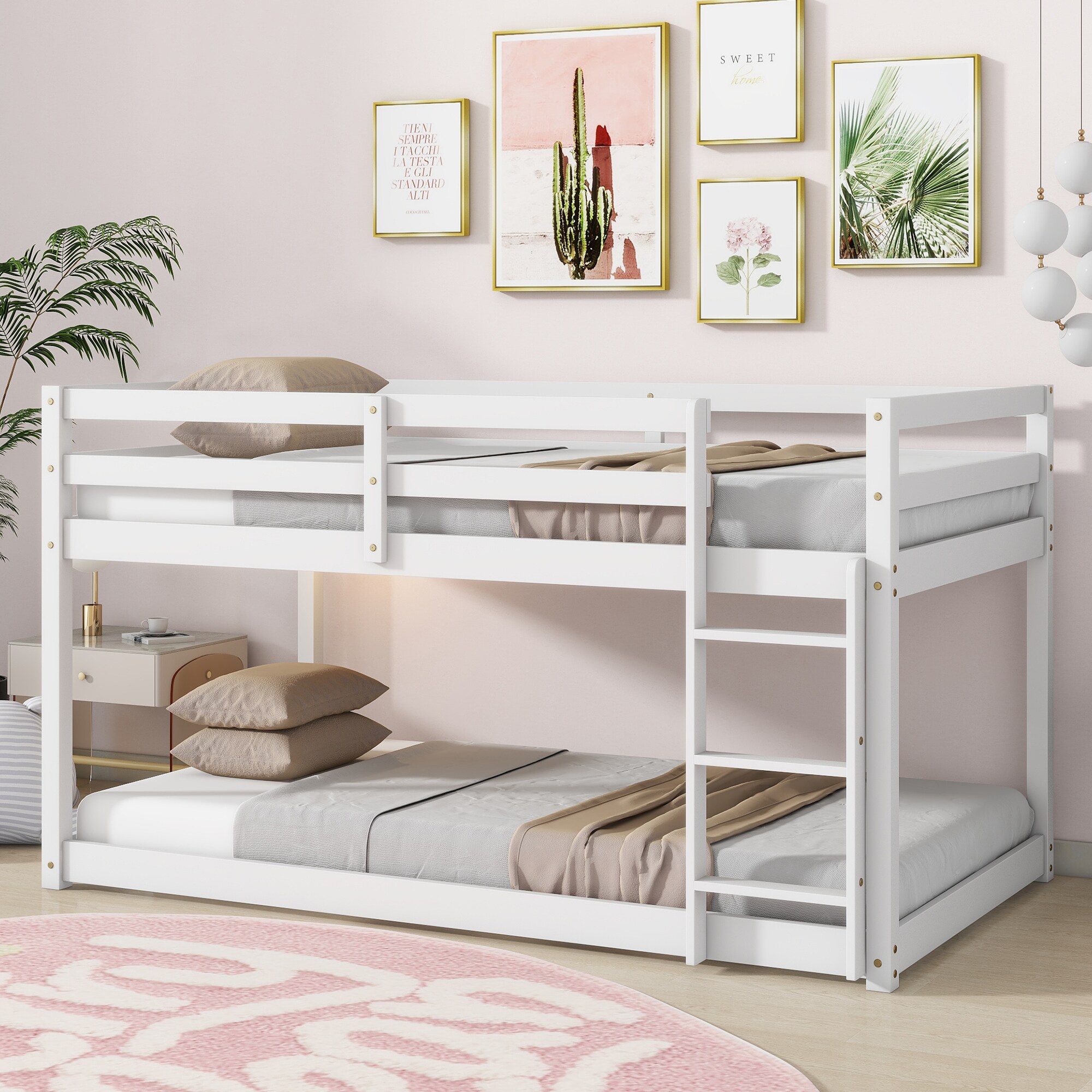 Dimakai White Solid Rubber Wood Twin over Twin Floor Bunk Bed with Ladder and Strengthened Slats