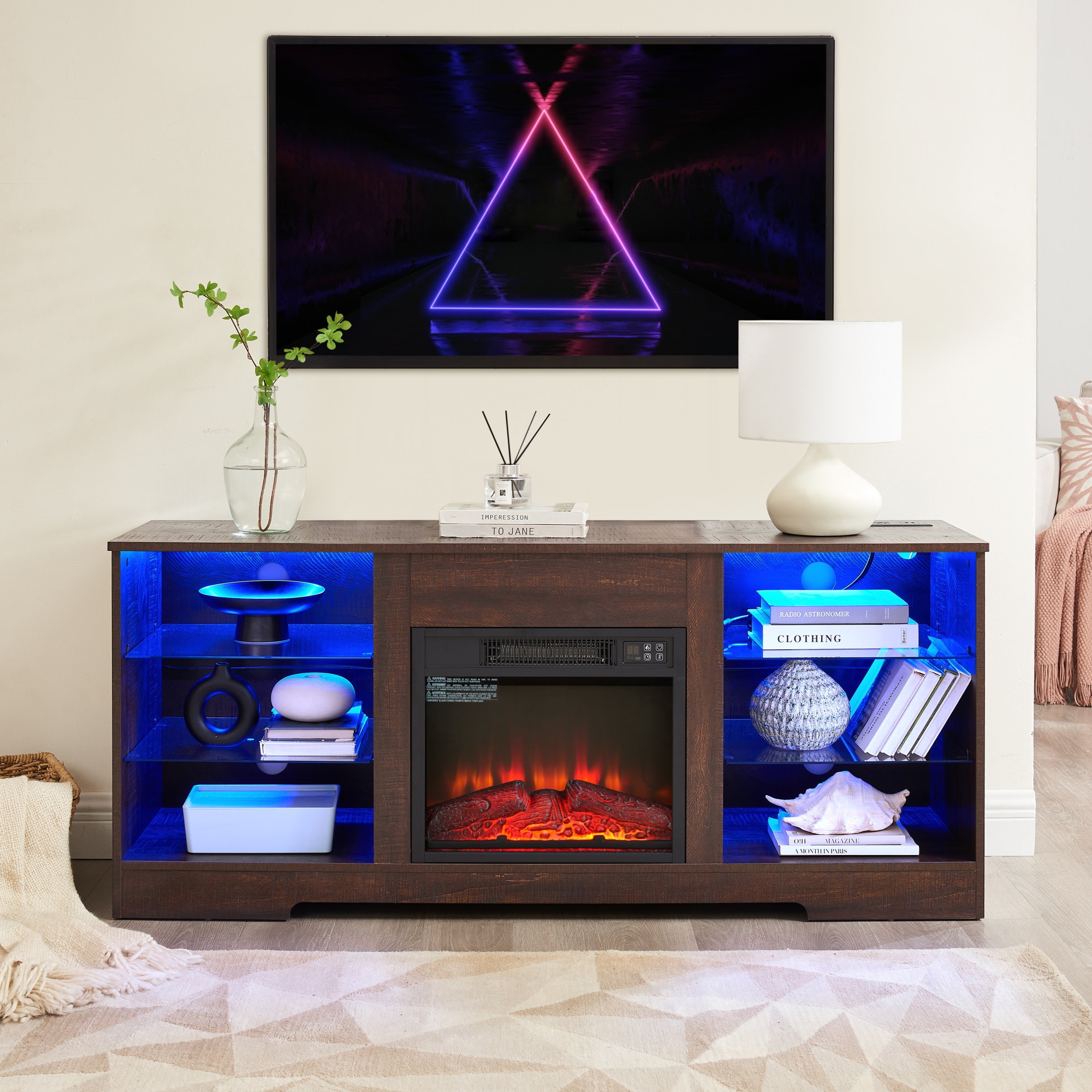 Misopily TV Stand with Electric Fireplace Glass Shelves LED Bluetooth ...