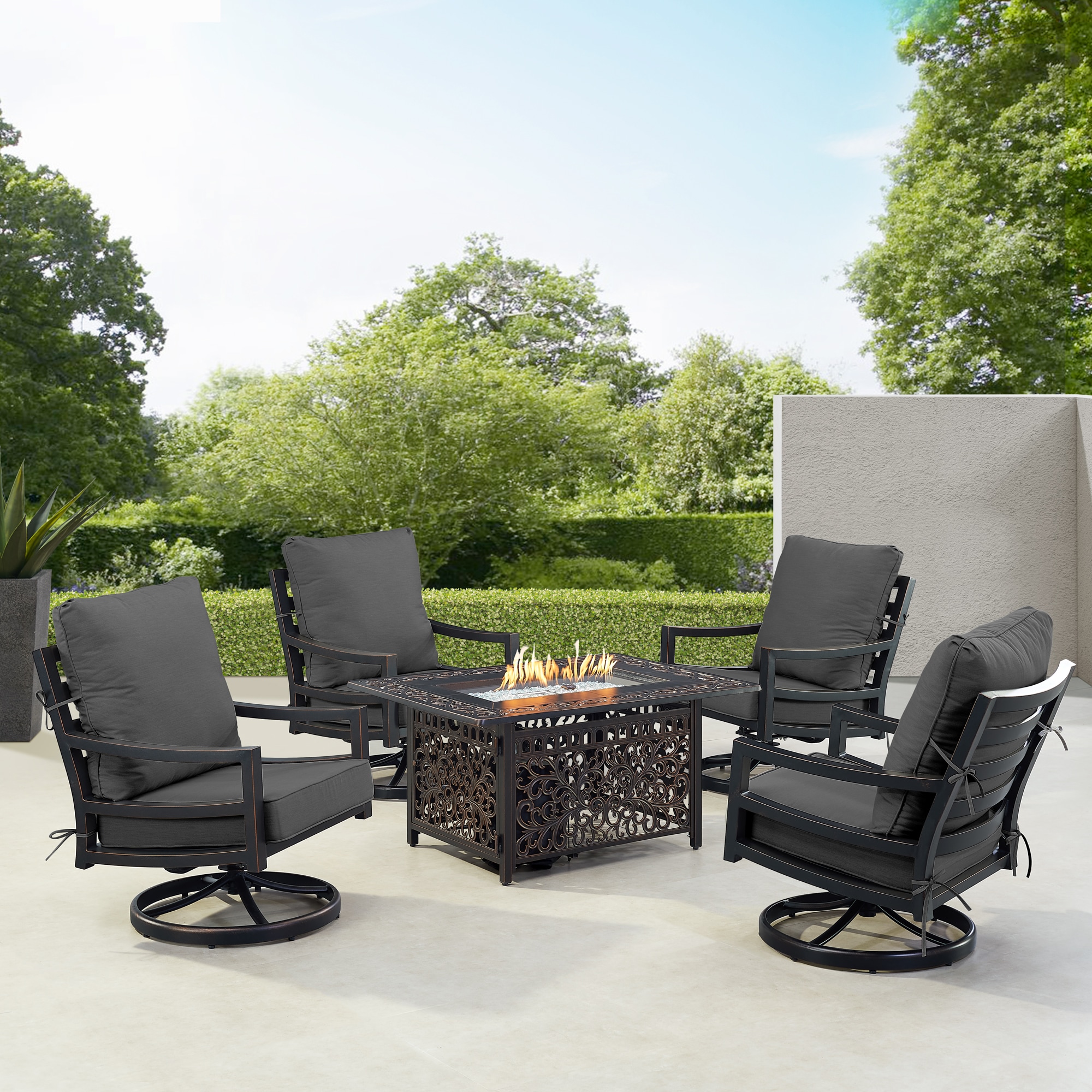 Oakland Living HUDSON4CHCABOSBKCU Fire Pit Table Set, Four Lounge Chairs and Wind Guard 14 -Piece Patio Conversation Set with Black Cushions