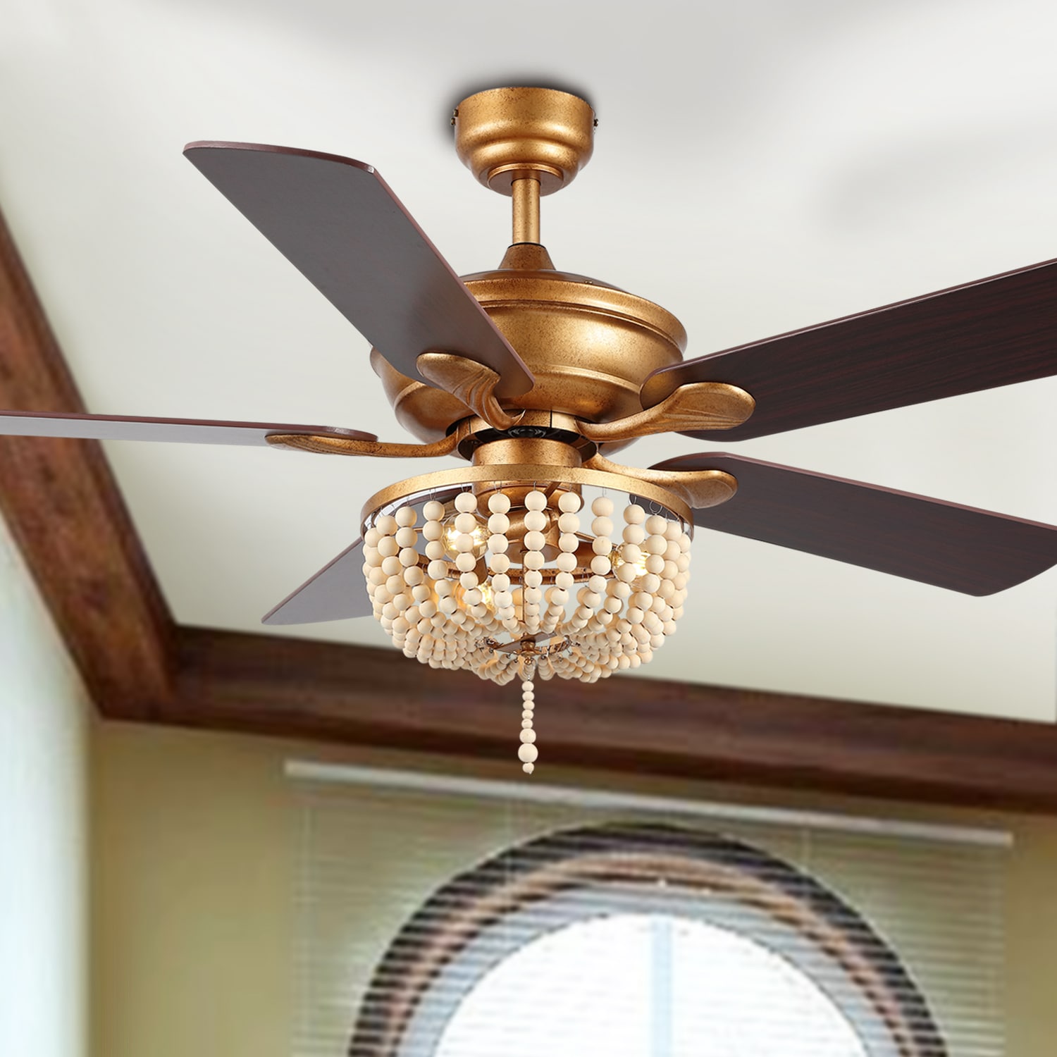 JONATHAN  Y JYL9618A Erin Rustic Iron/Wood Bead 52-in Downrod or Flush Mount Smart Antique Gold Painting/Light Brown with Ashwood/Coffee Brown Blades Ceiling Fan With Light - Remote Included ( 5 -Blade )