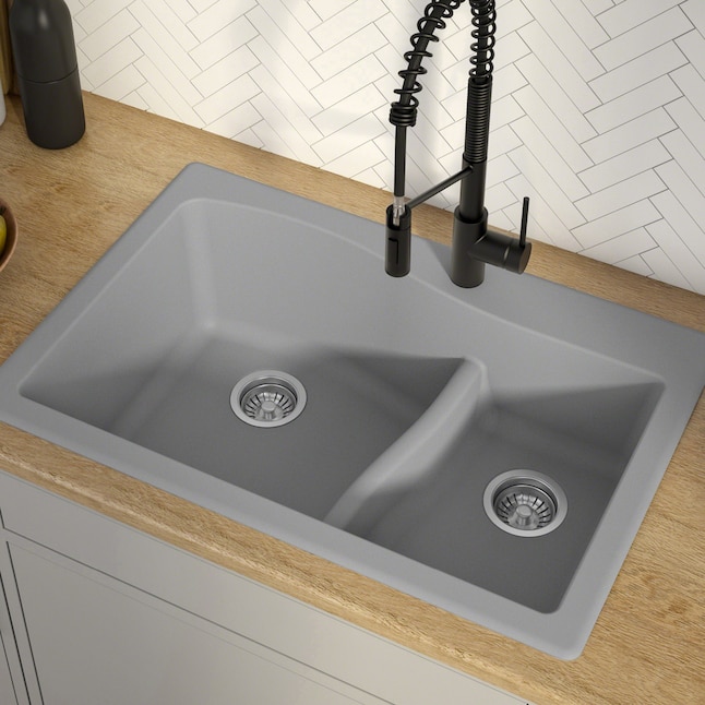 Kraus Quarza 33-in x 22-in Double Offset Bowl Drop-In or Undermount 1-Hole Commercial/Residential Kitchen Sink Kraus Quarza 33-in x 22-in Double Offset Bowl Drop-In or Undermount 1-Hole Commercial/Residential Kitchen Sink