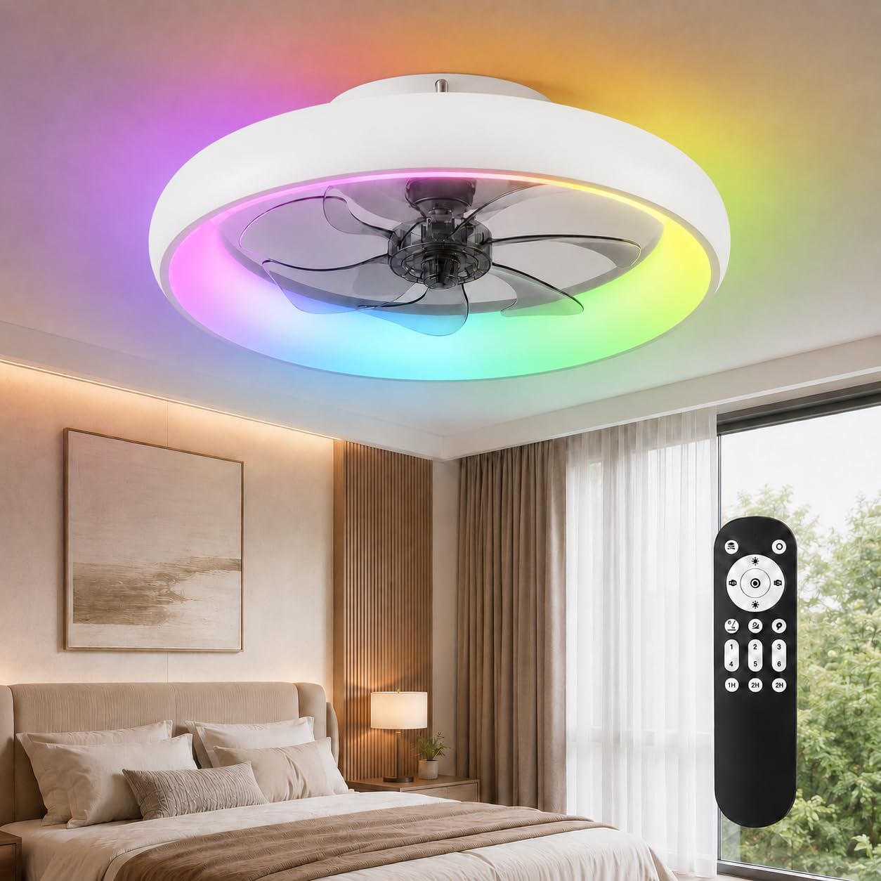 GarveeLife 20 Inch Ceiling Fans with Lights Flush Mount Fan Remote APP Control Black Low Profile 6 Wind Speeds Smart Dimmable LED for Bedroom Living  Room White
