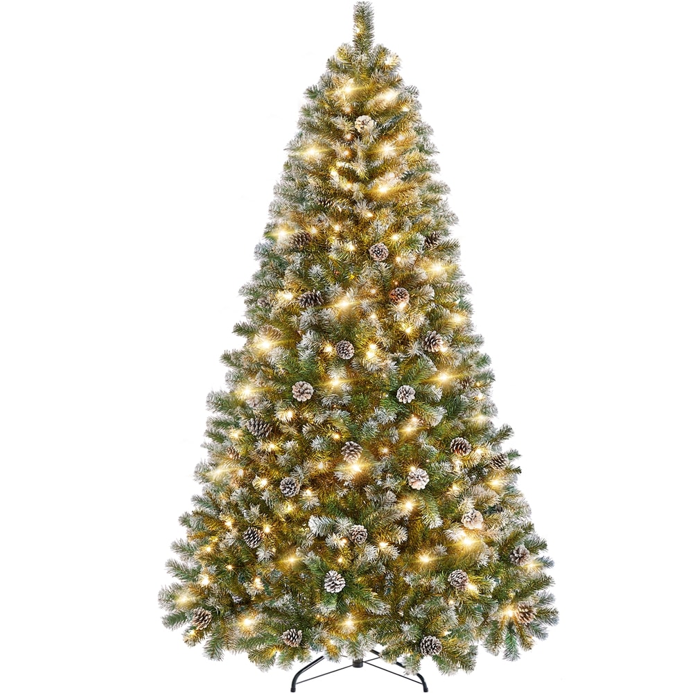 Yaheetech - 7.5FT Green Frosted Artificial Christmas Tree with Pinecones Warm White Lights and Stand