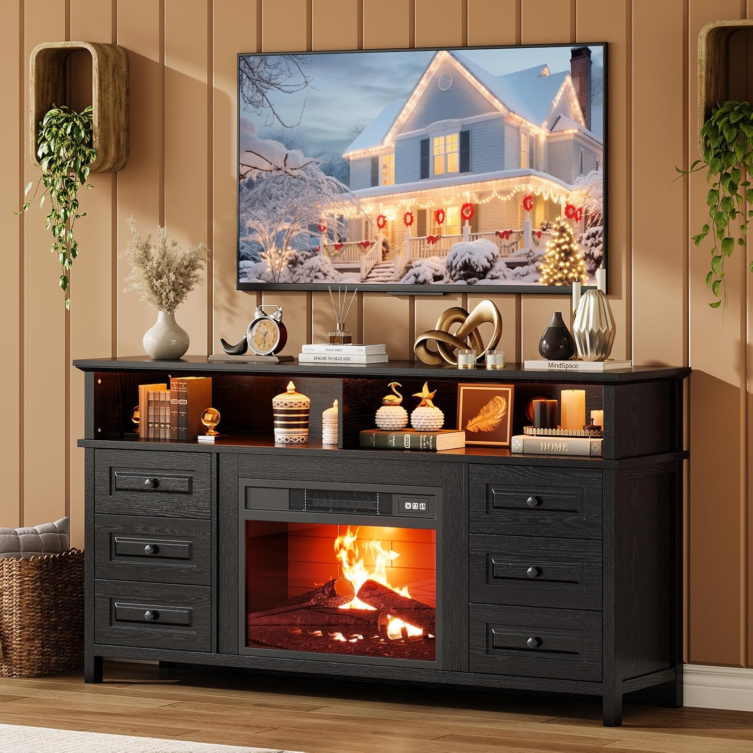 IdealHouse 60 inFireplace TV Stand for TVs Up to 65 in Electric Fireplace TV Stand with LED Lights 3D Flame and Heating Farmhouse Media Console with Drawers Tall Entertainment Center with Storage Cabinet Black
