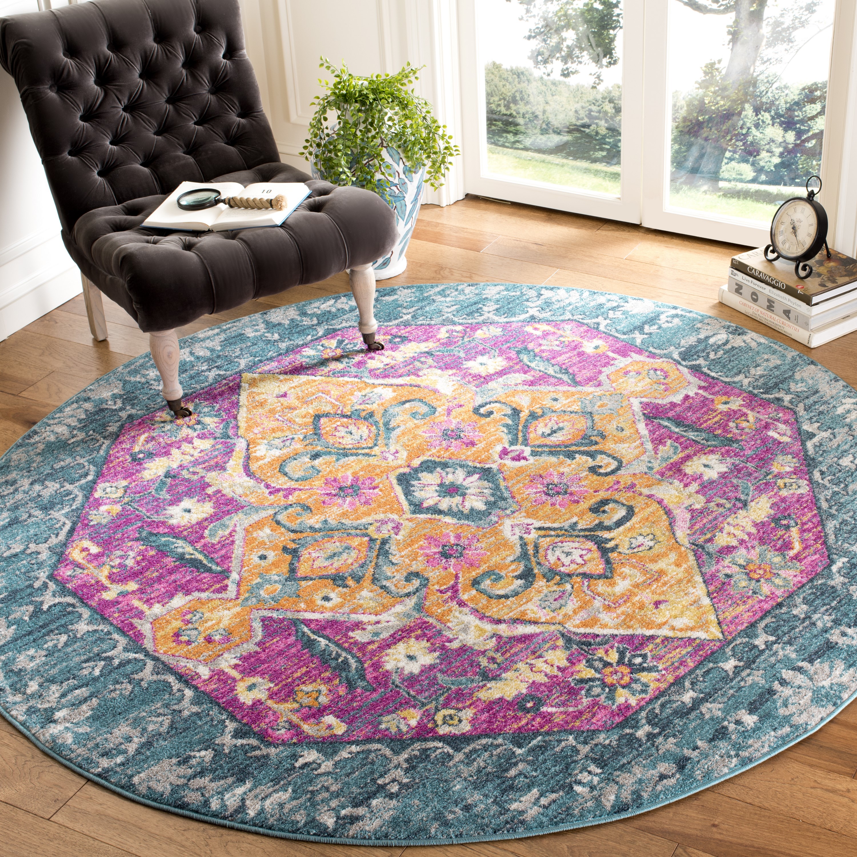 Safavieh MAD119C-7R Madison Joliet 7 x 7 (ft) Loomed Polypropylene Blue/Fuchsia Round Indoor Distressed/Overdyed Bohemian/Eclectic Area rug