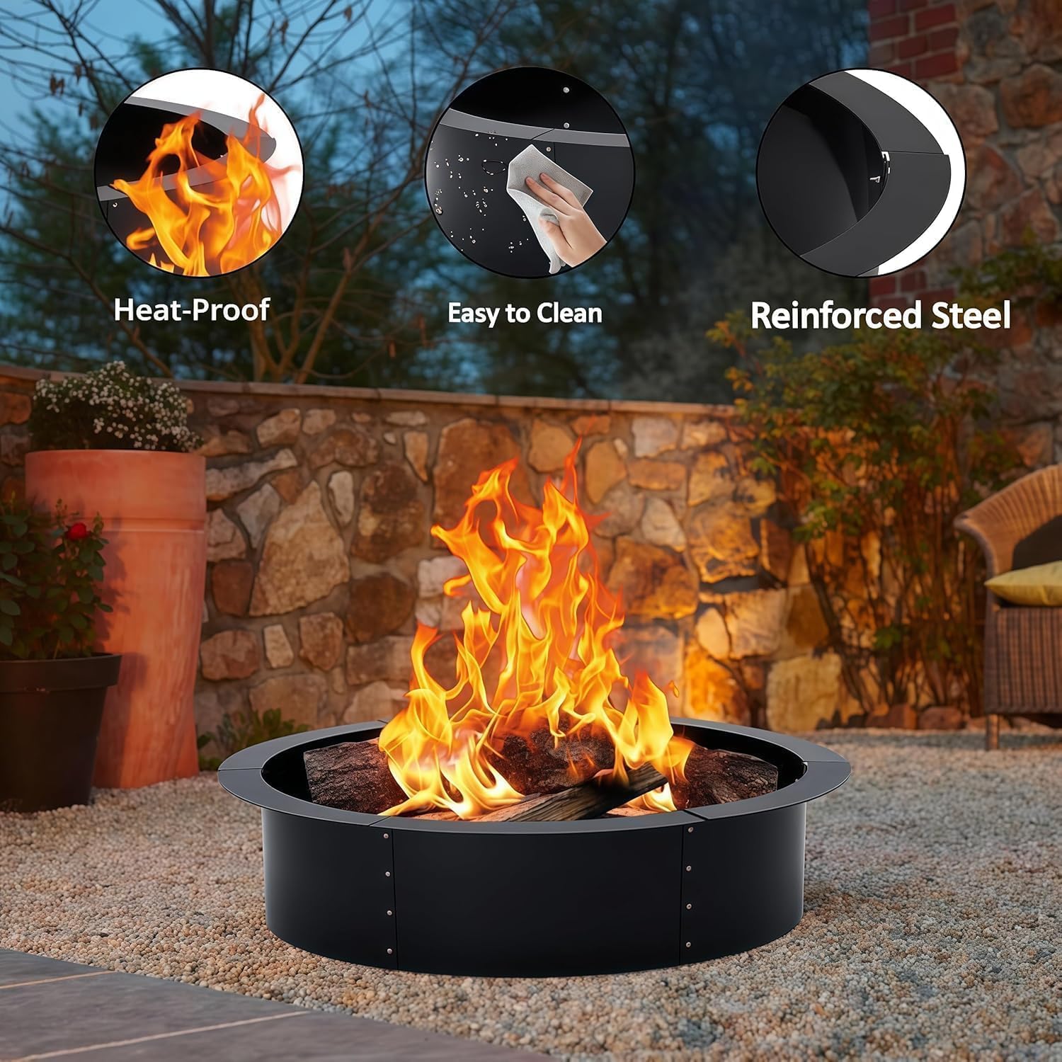 GAOMON 60in Heavy Duty Steel Smokeless Fire Pit Ring Insert Round