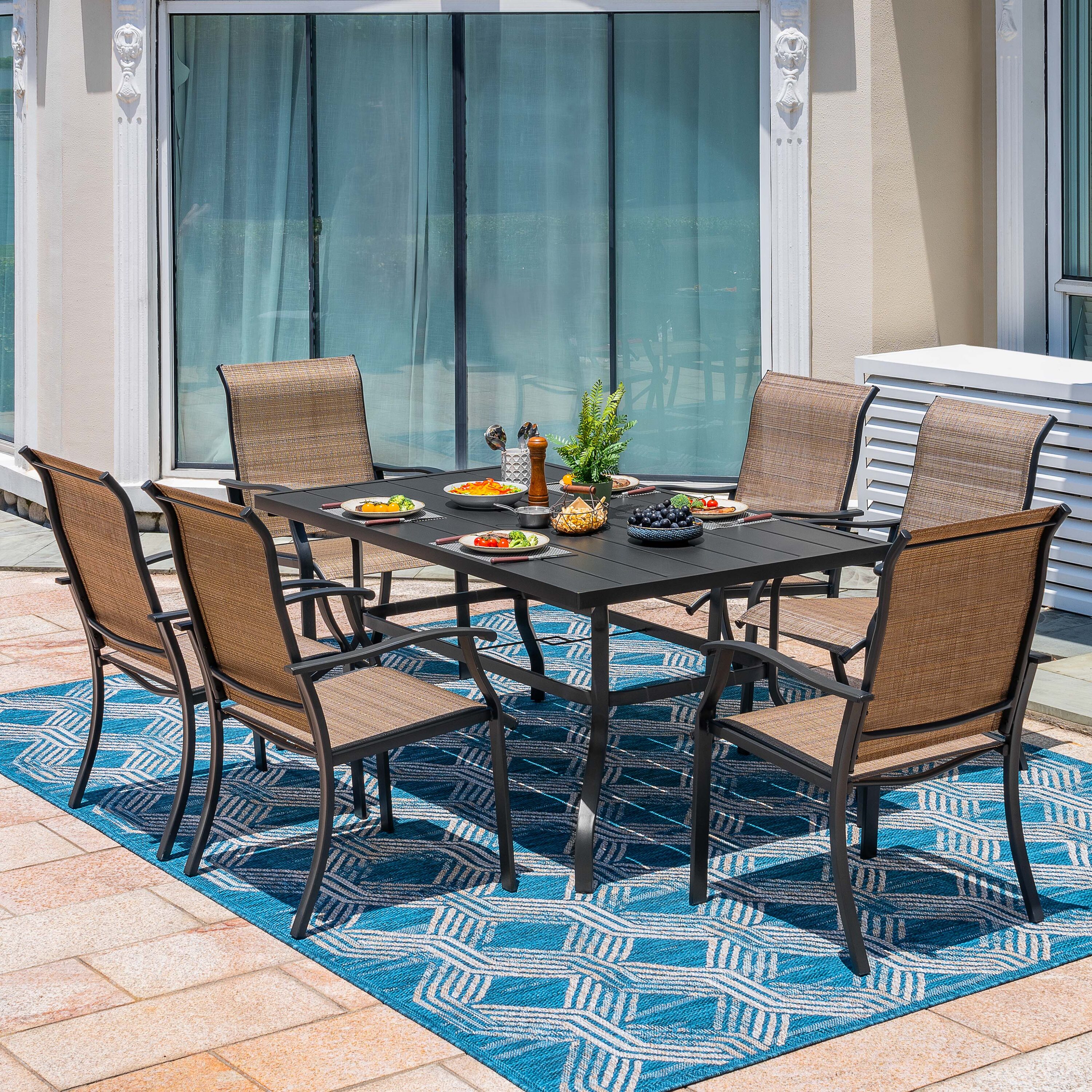 Nuu Garden SID006-06-LS 7 -Piece Black Patio Dining Set Iron Rectangle Table with 6 Brown Stationary Chairs