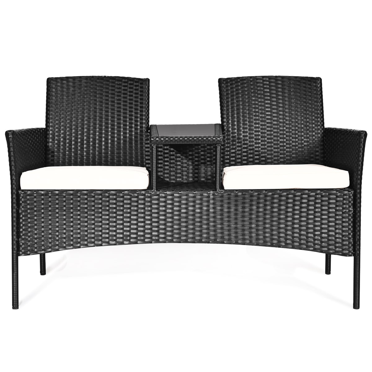 Black Rattan Outdoor Loveseat with Cushions and Glass Table