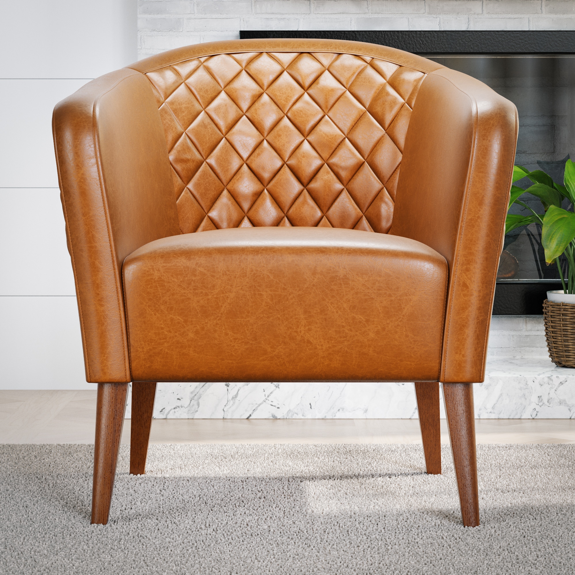 Camel Faux Leather Accent Chair, Brown Leather Barrel Chair