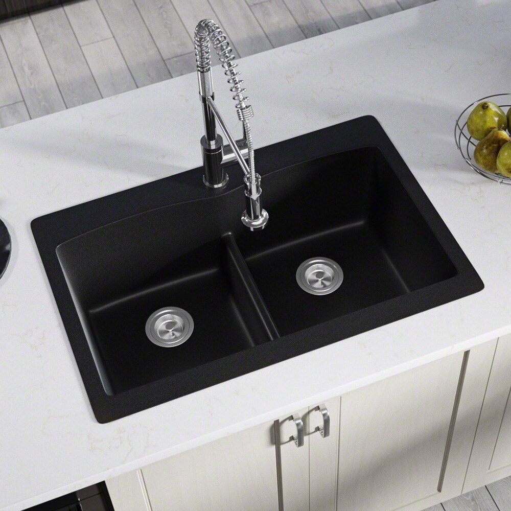 MR Direct Drop-In 33-in x 22-in Black Composite Double Equal Bowl 5-Hole Kitchen  Sink at