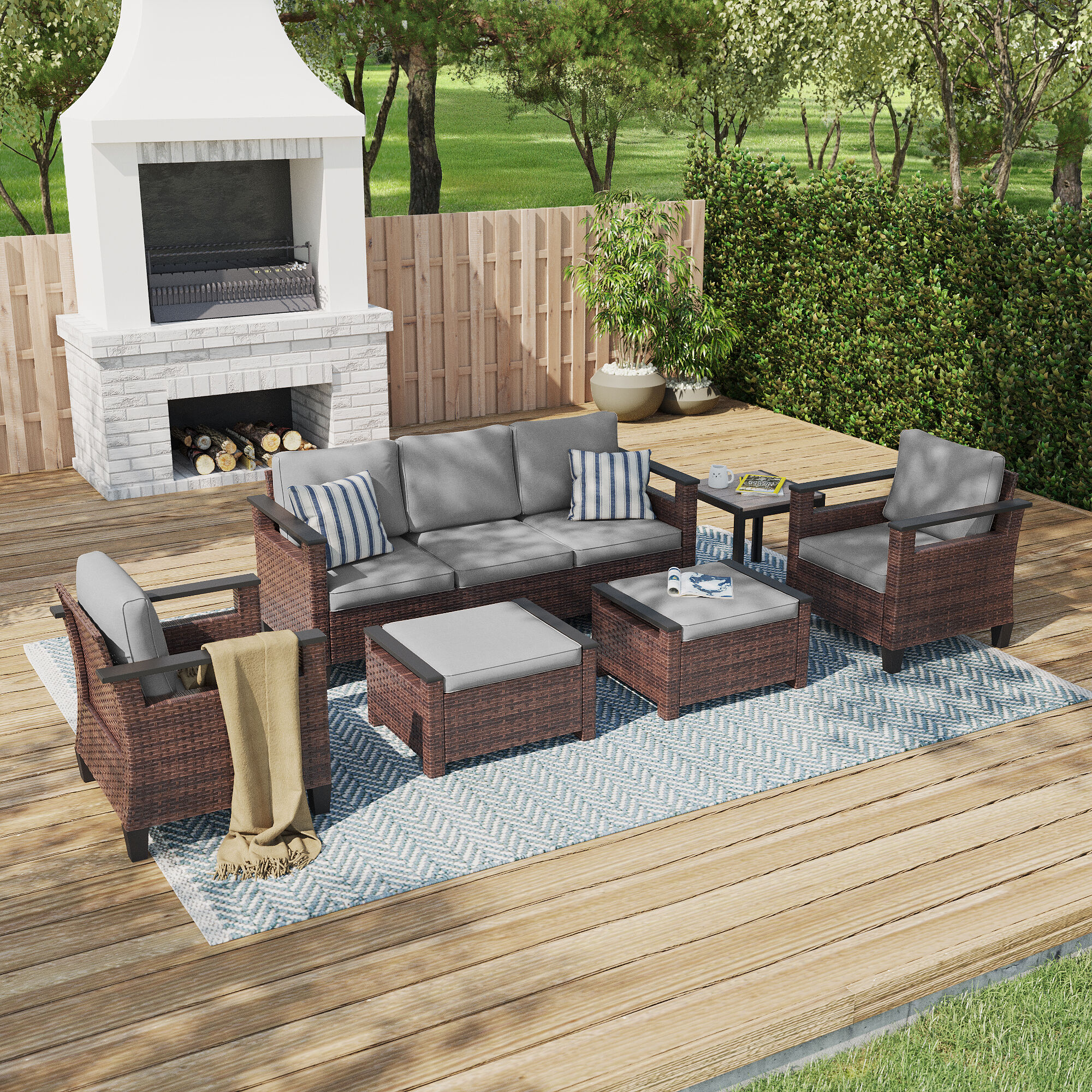 ACEGOSES LW-126BGY-T7 Skytop 6 -Piece Wicker Patio Sofa Conversation Set with Gray Cushions