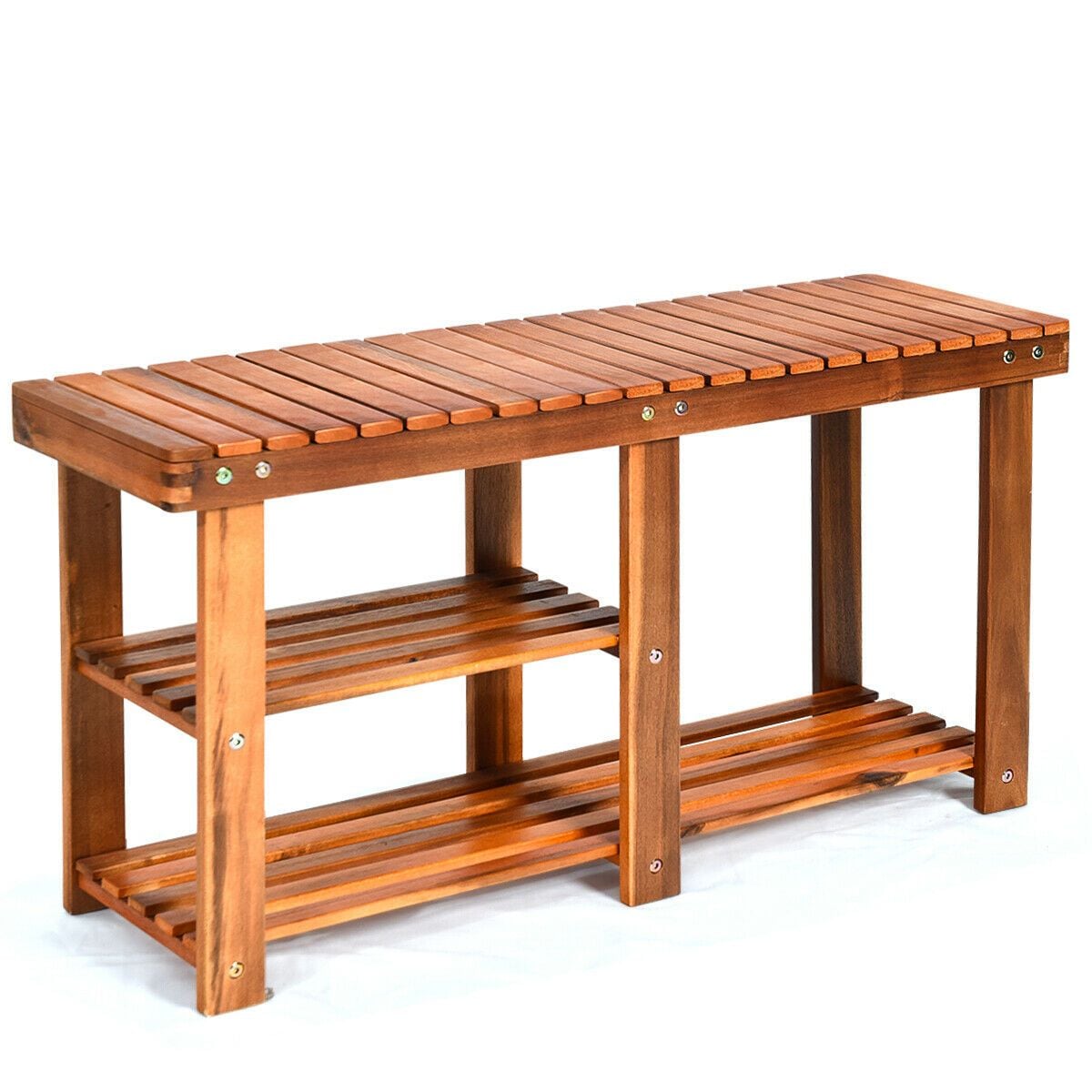 Slickblue 3-Tier- 6-8 Pair Capacity 2-in-1 Shoe Rack and Bench Teak Acacia Wood High Shelf and Lower Shelf Storage for Shoes Boots- 17.5 in H