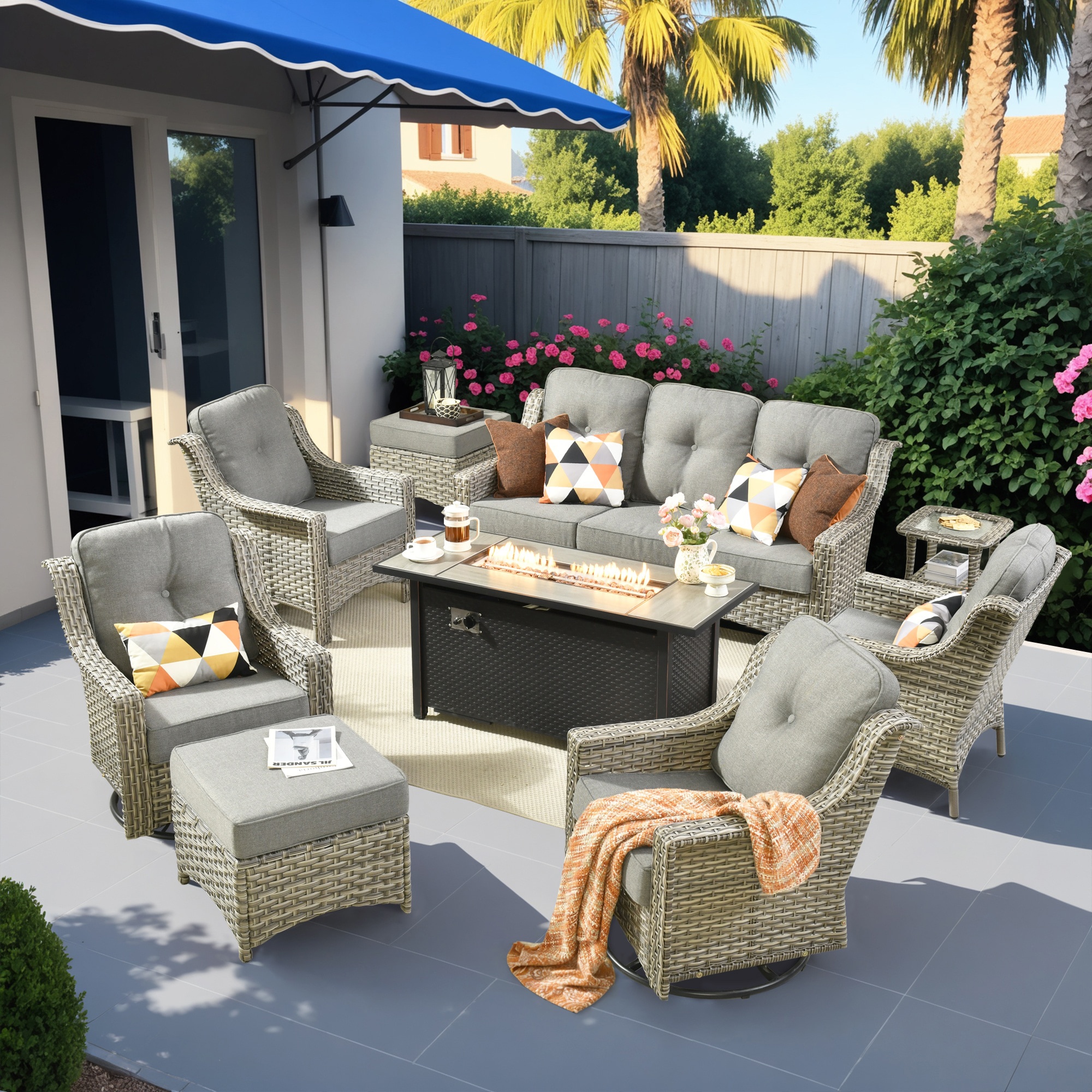 Linear 9 -Piece Rattan 4 Patio Sofa Conversation Set with Dark Gray RJR Fabrics Cushions