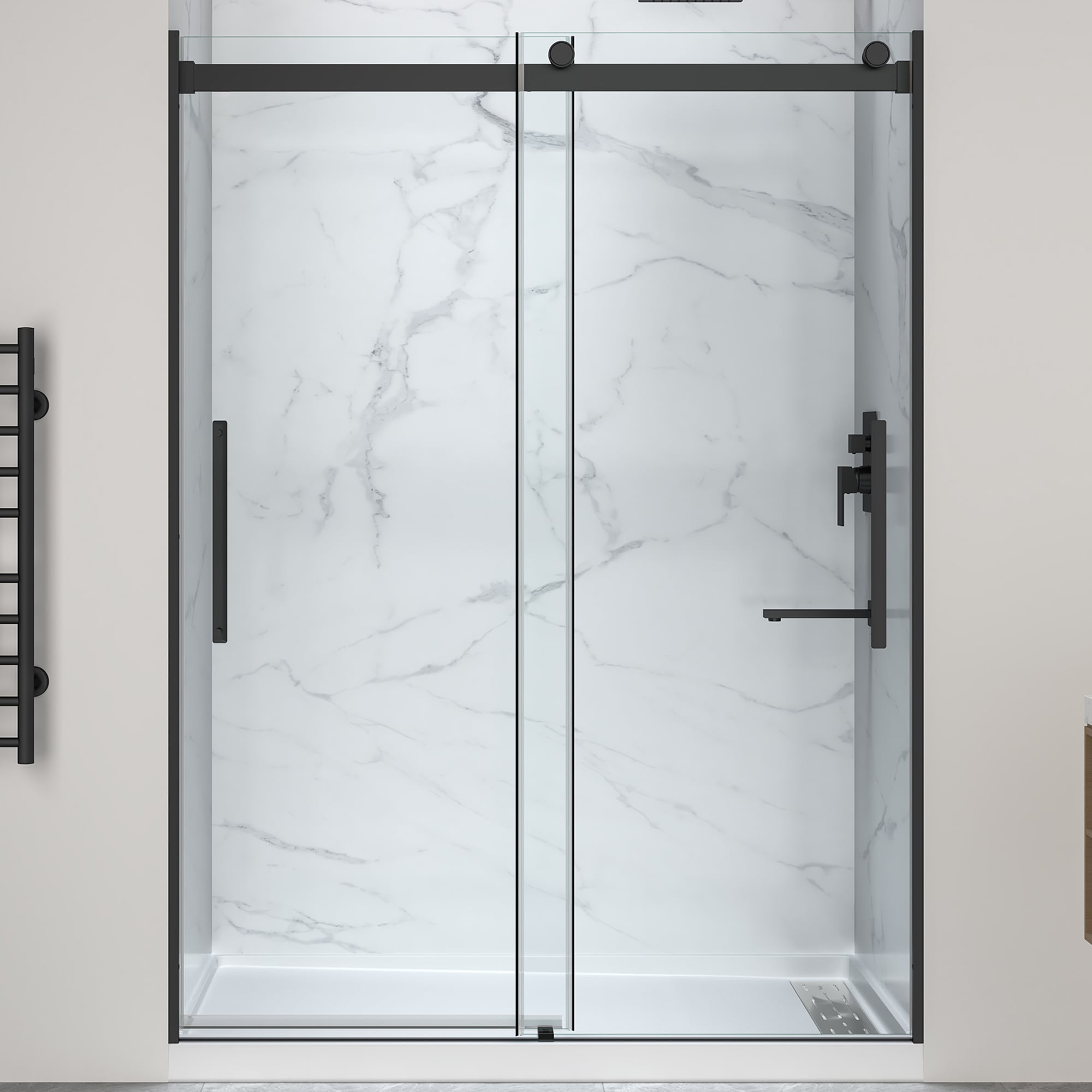 ANZZI Stellar Series Matte Black Door - Right Drain Base 60-in W x 76-in H Frameless Clear Glass Bypass Sliding Soft Close Shower door