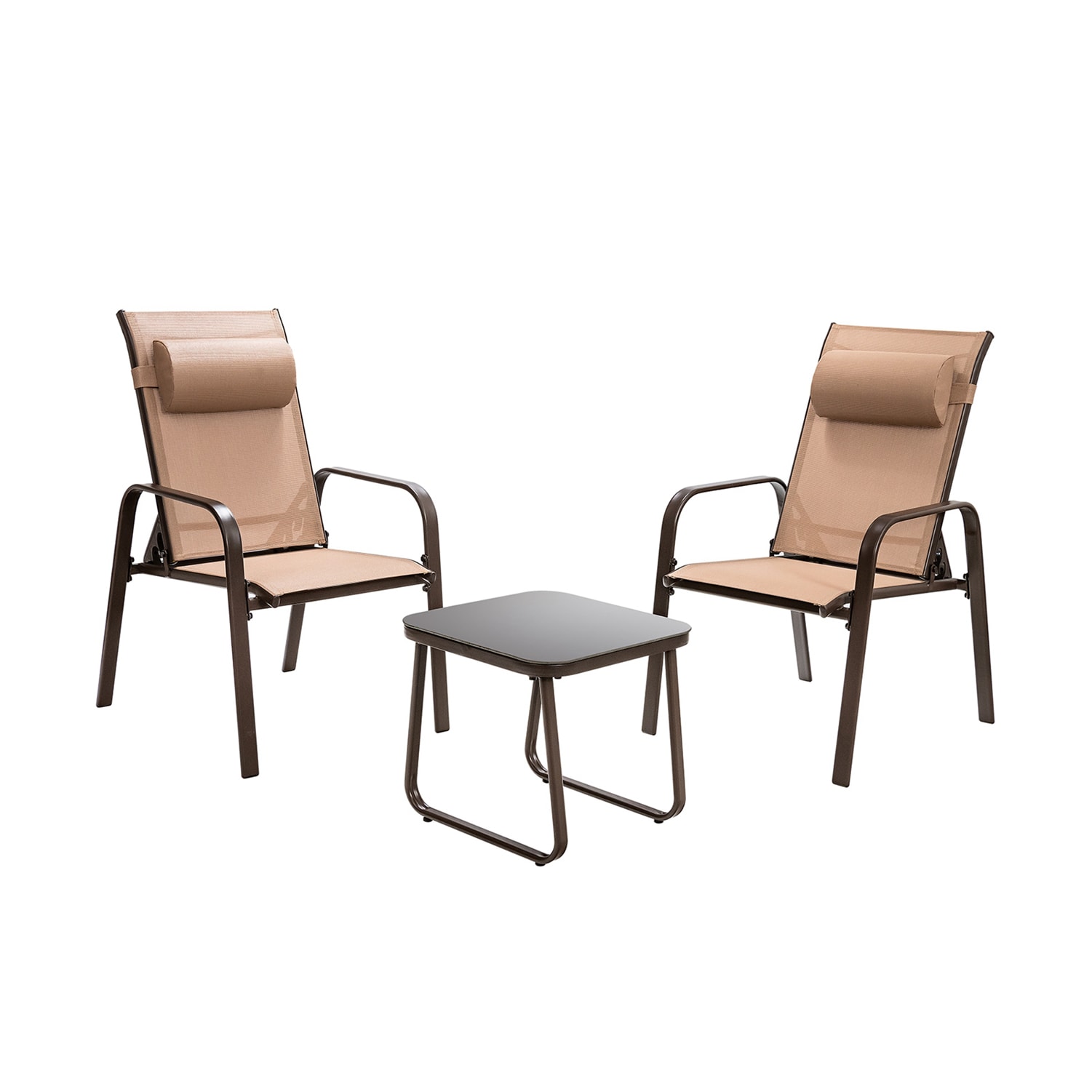 LIVIZA GGJOU015WH 3 -Piece Brown Bistro Patio Dining Set Steel Square Table with 2 Brown Stackable Stationary Chairs