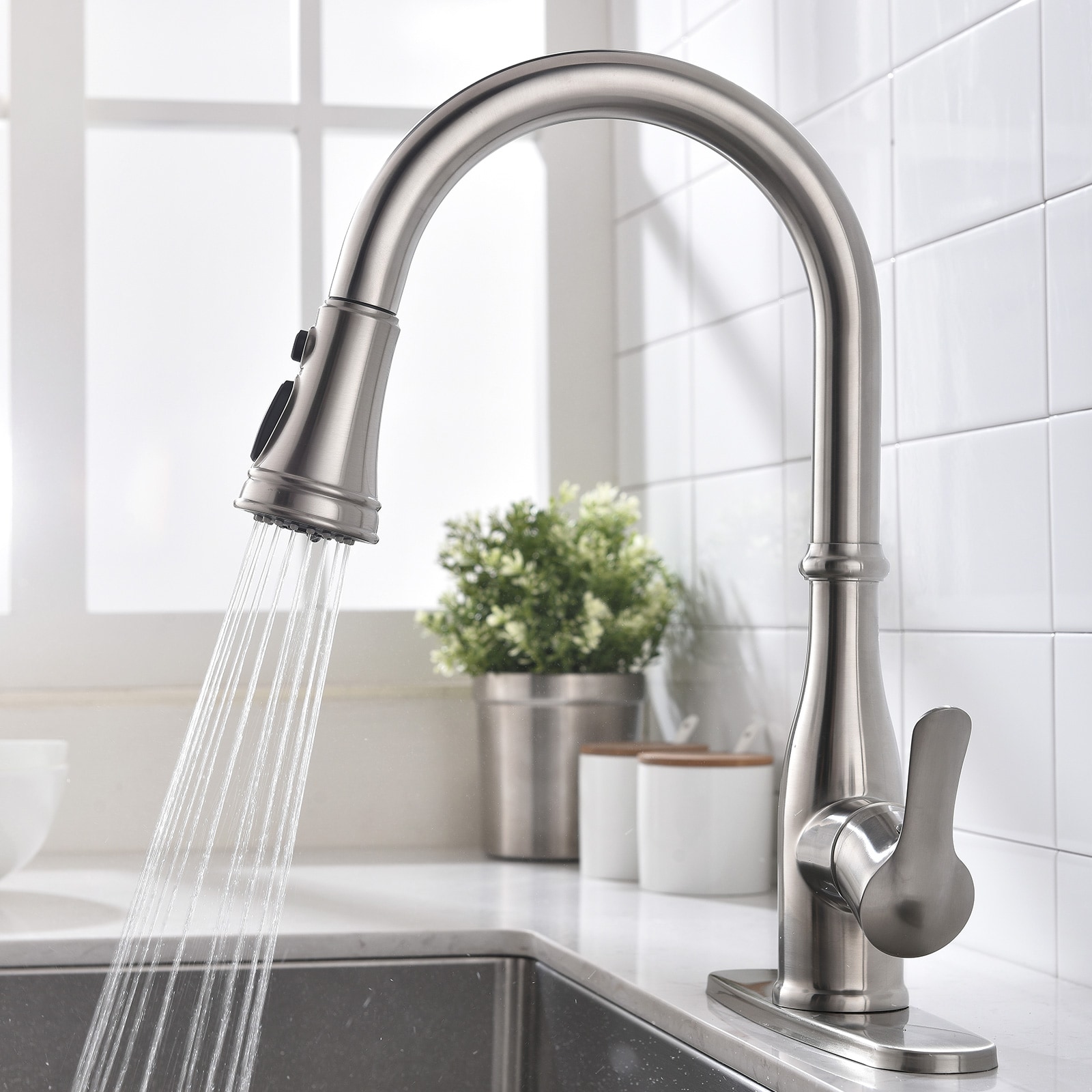 BWE A-94002 Single-Handle Kitchen Faucet Brushed Nickel Single Handle ...