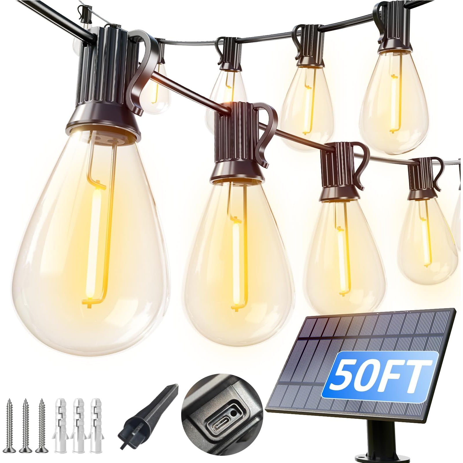 Misopily 50FT Solar String Lights Outdoor Waterproof 18 S11 LED Bulbs USB Rechargeable 20 Hour Runtime Commercial Grade Shatterproof Patio Decor 1 Pack