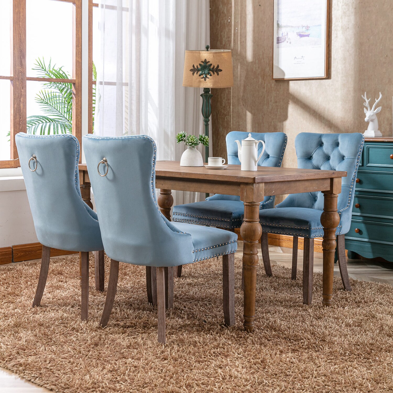 Blue upholstered dining discount chairs