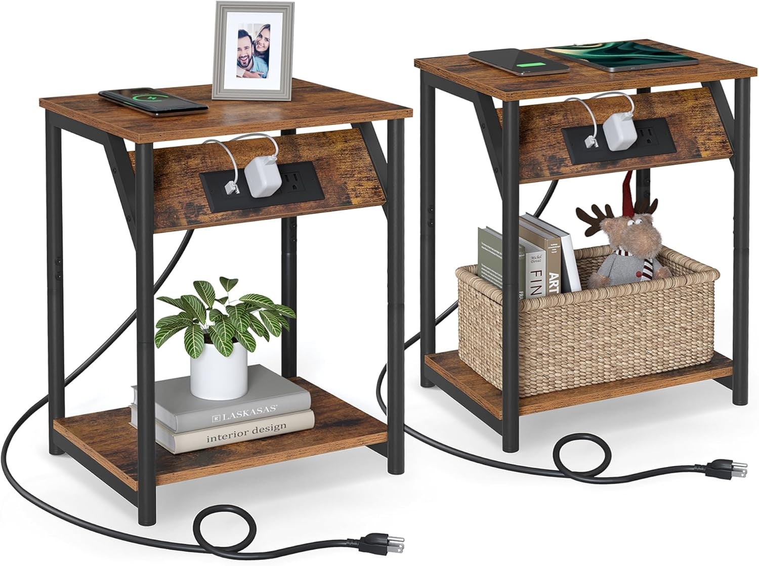 SONGMICS HOME LET372B01 Set of 2 End Tables with Charging Station Rustic Brown and Black