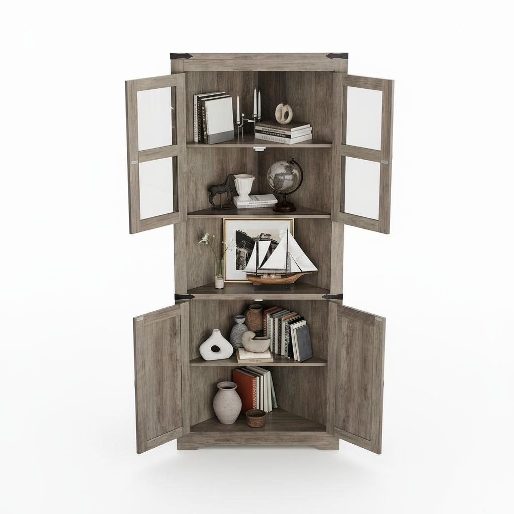 GarveeLife 67 in Tall Farmhouse Corner Storage Cabinet with Glass Doors LED Lighting Wooden Display Hutch for Kitchen Living Room Bathroom Entryway Organizer
