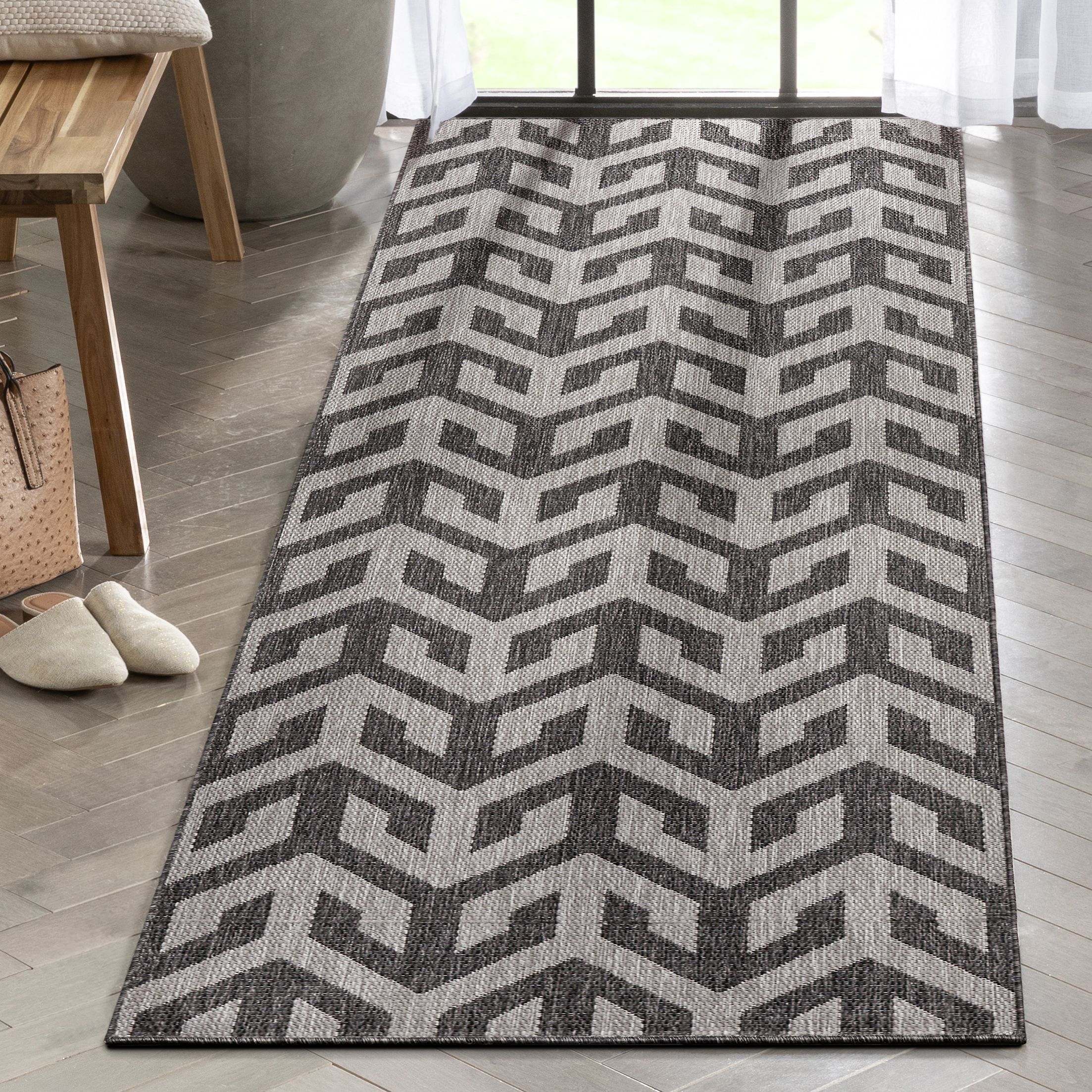 Well Woven MED-217-2L 2 x 9 (ft) Flatweave Polypropylene Grey Rectangular Indoor/Outdoor Abstract Mid-Century Modern Runner rug
