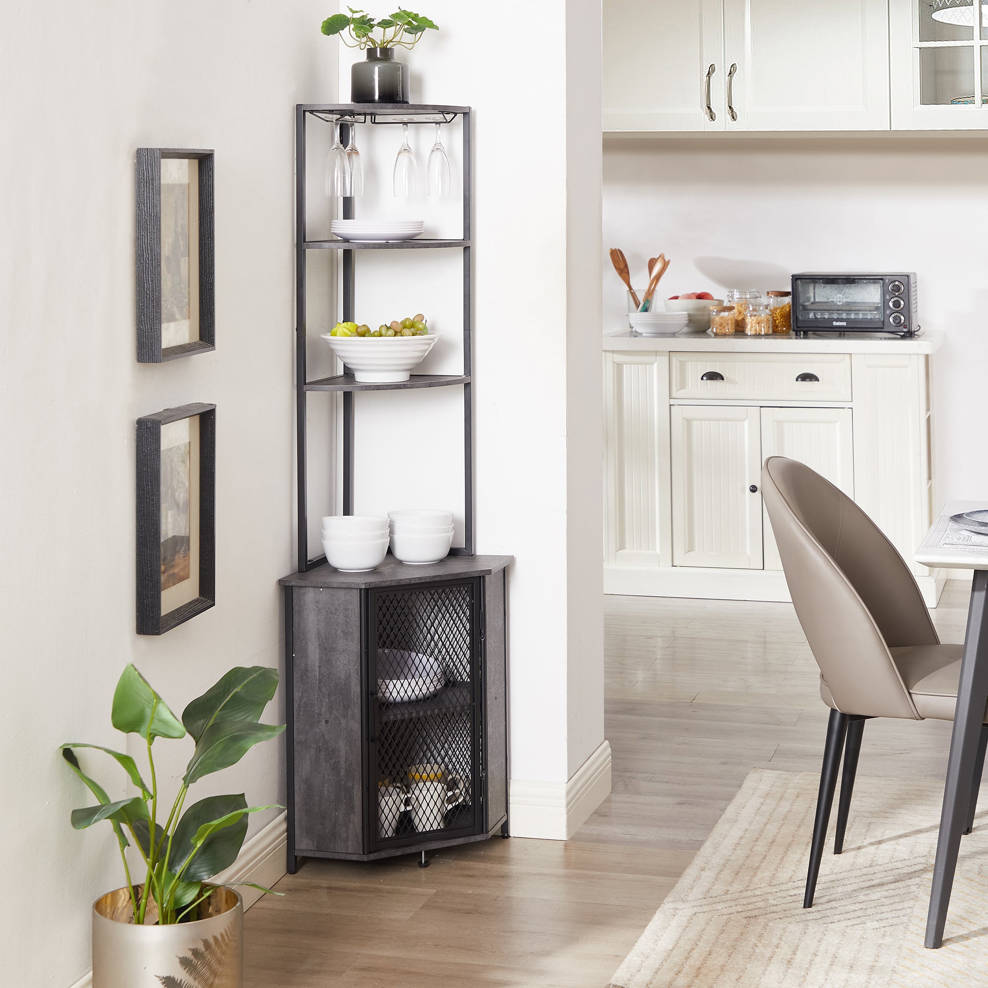 Vecelo LOE-XF-CS04-CGY Tall Corner Cabinet with Storage Shelf Bookshelf Display Shelves Rack for Living Room Kitchen Balcony