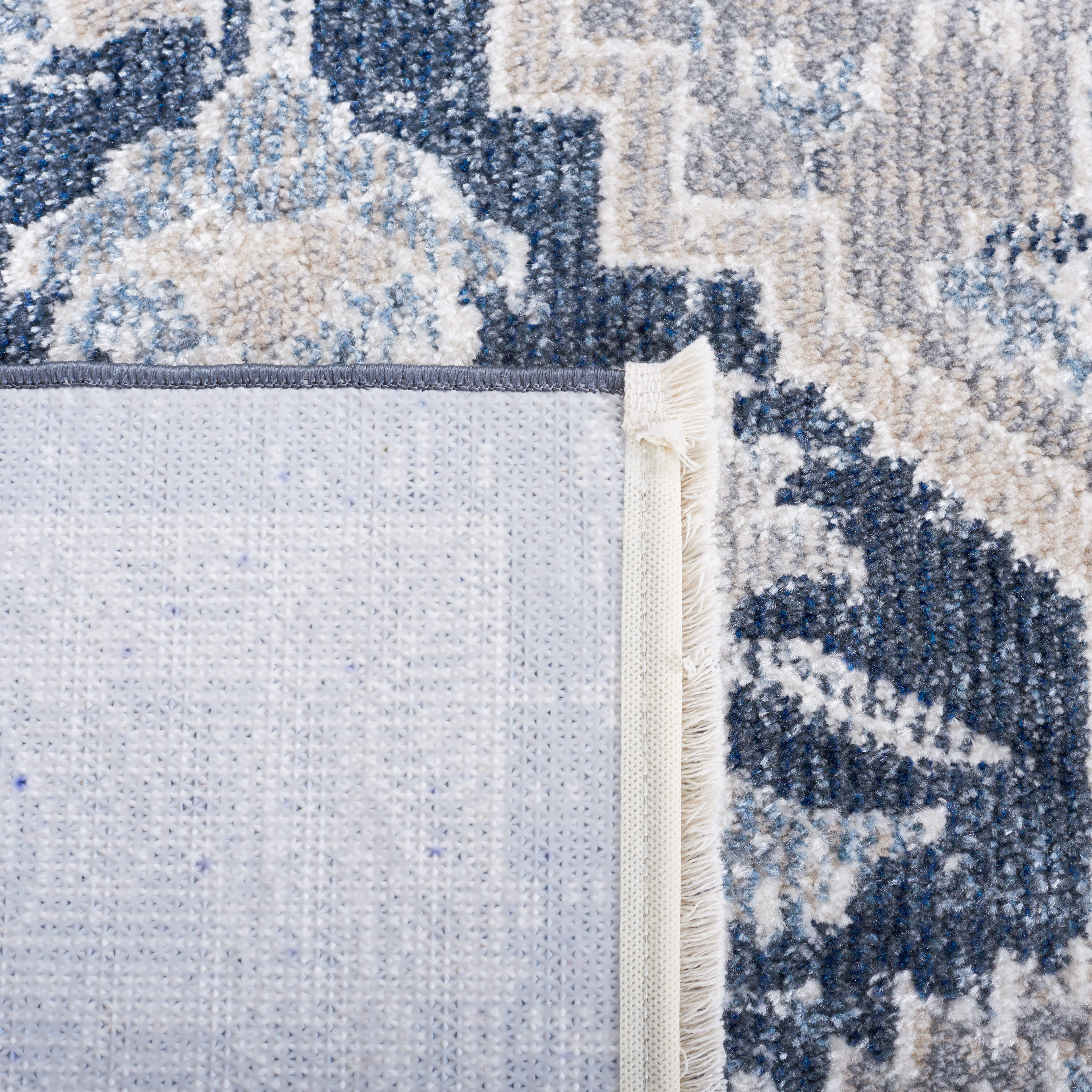 Beige and Navy Washable Synthetic Flat Woven Area Rug