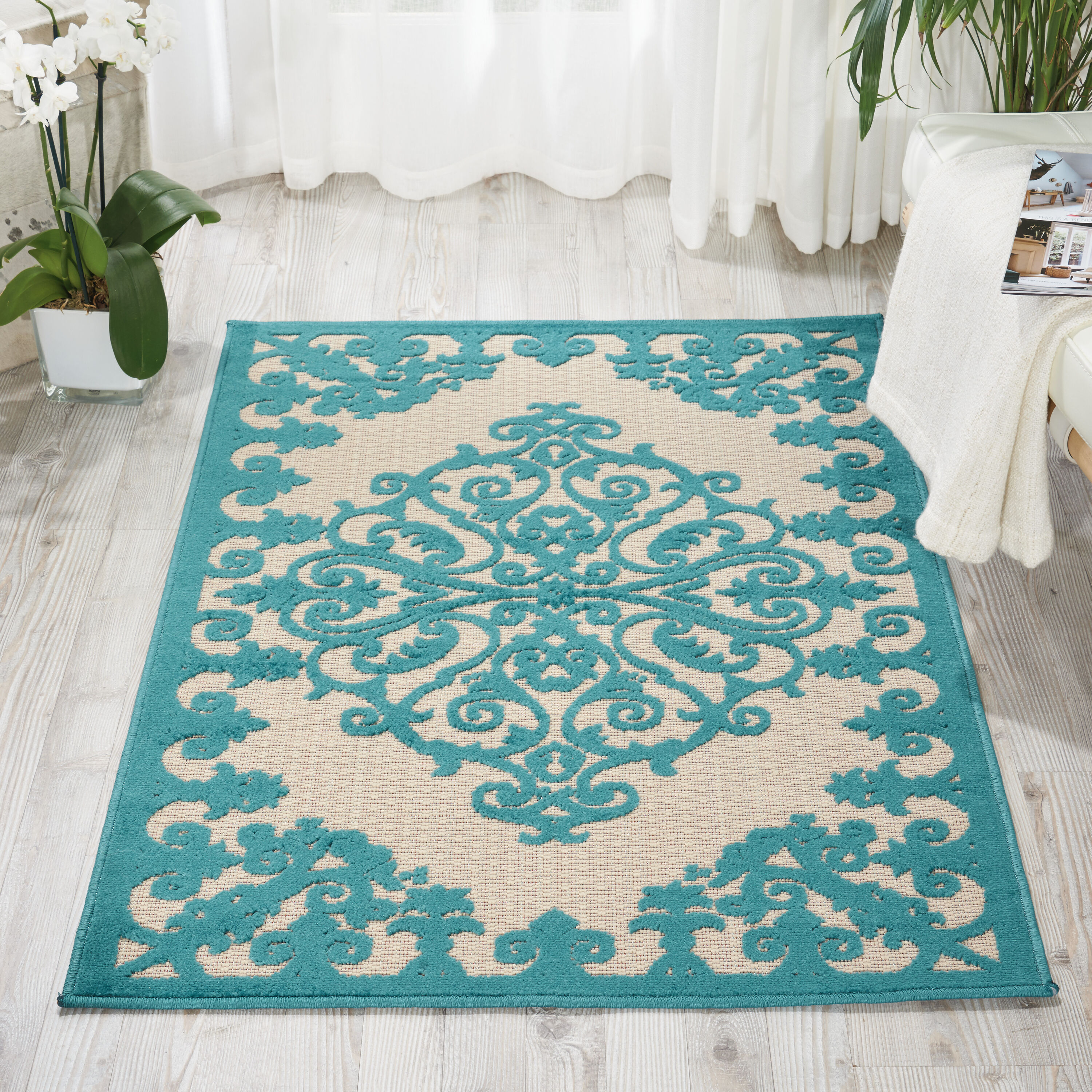 Nourison 29909 Aloha 3 x 4 (ft) Polypropylene Aqua Rectangular Indoor/Outdoor Abstract Coastal Area rug