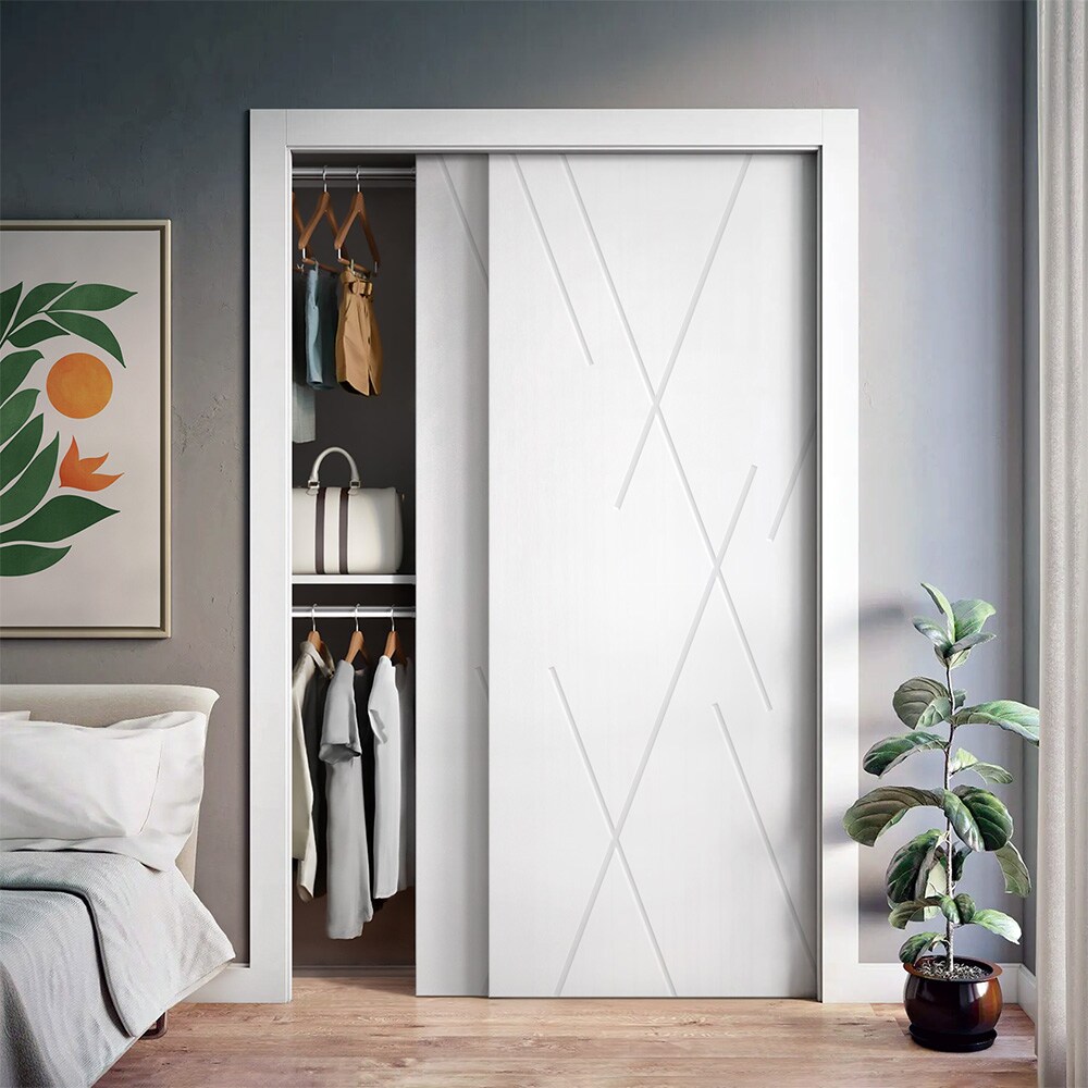 CALHOME CNC-226 60-in x 84-in White Crossbuck Smooth Hollow core Stained MDF Closet Sliding Door