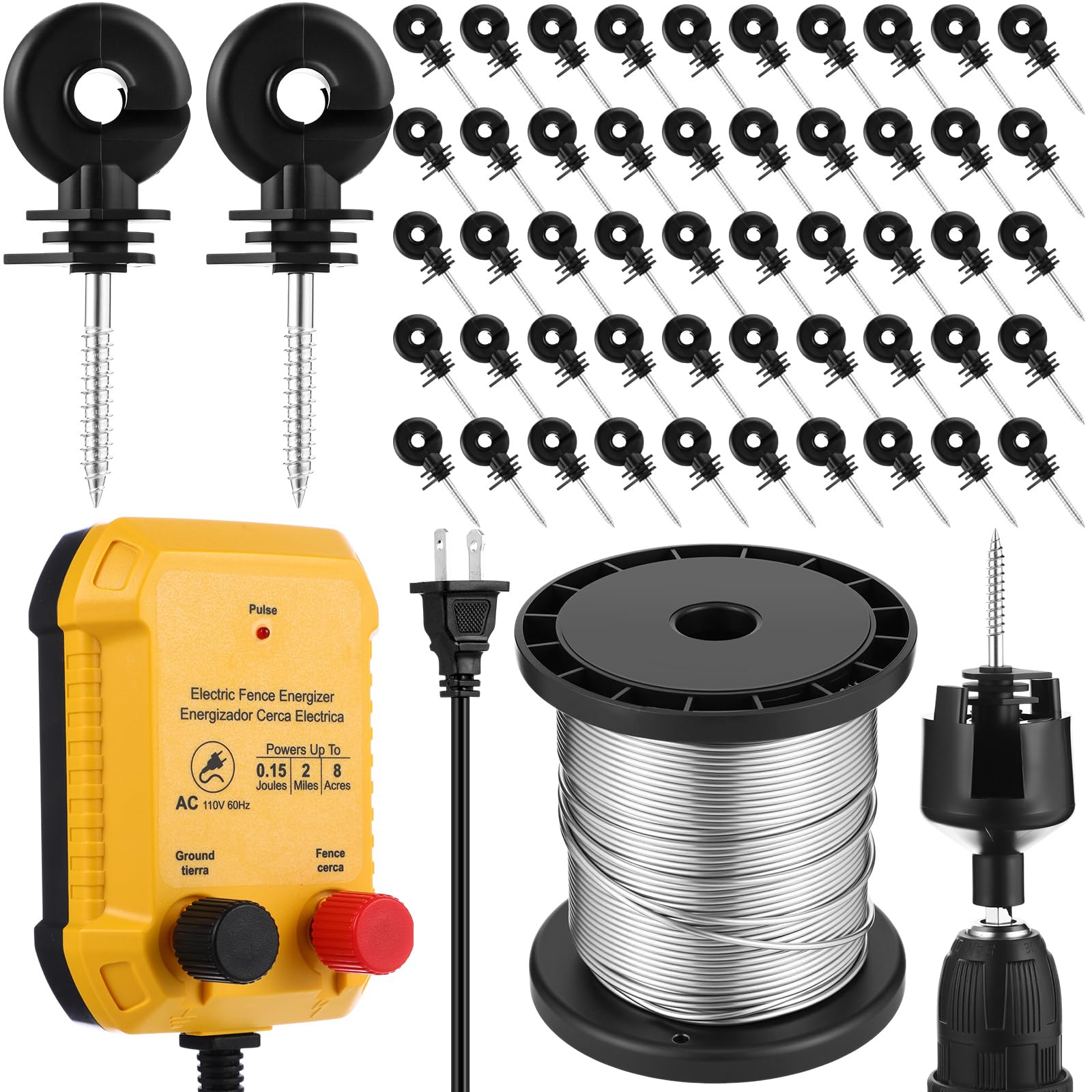 Afoxsos  Electric Fence Kit 2 Mile 110VAC Plug In for Animals Includes 50 pcs Black Insulator 1 Socket Tool 250ft Aluminum Wire Weather Resistant