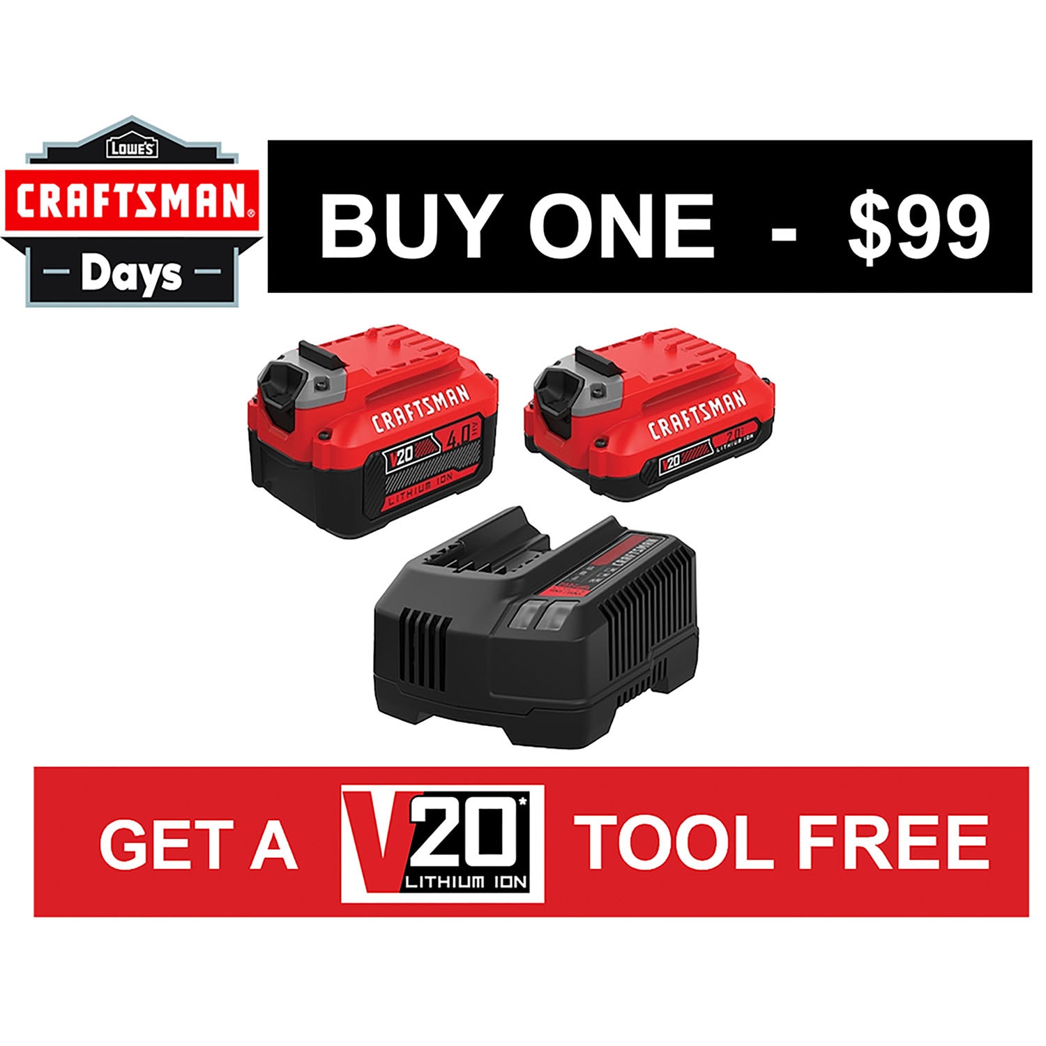 CRAFTSMAN V20 20-Volt 2-Pack 4 Amp-Hour; 2 Amp-Hour Lithium-ion Power Tool Battery Charger Station (Charger Included)