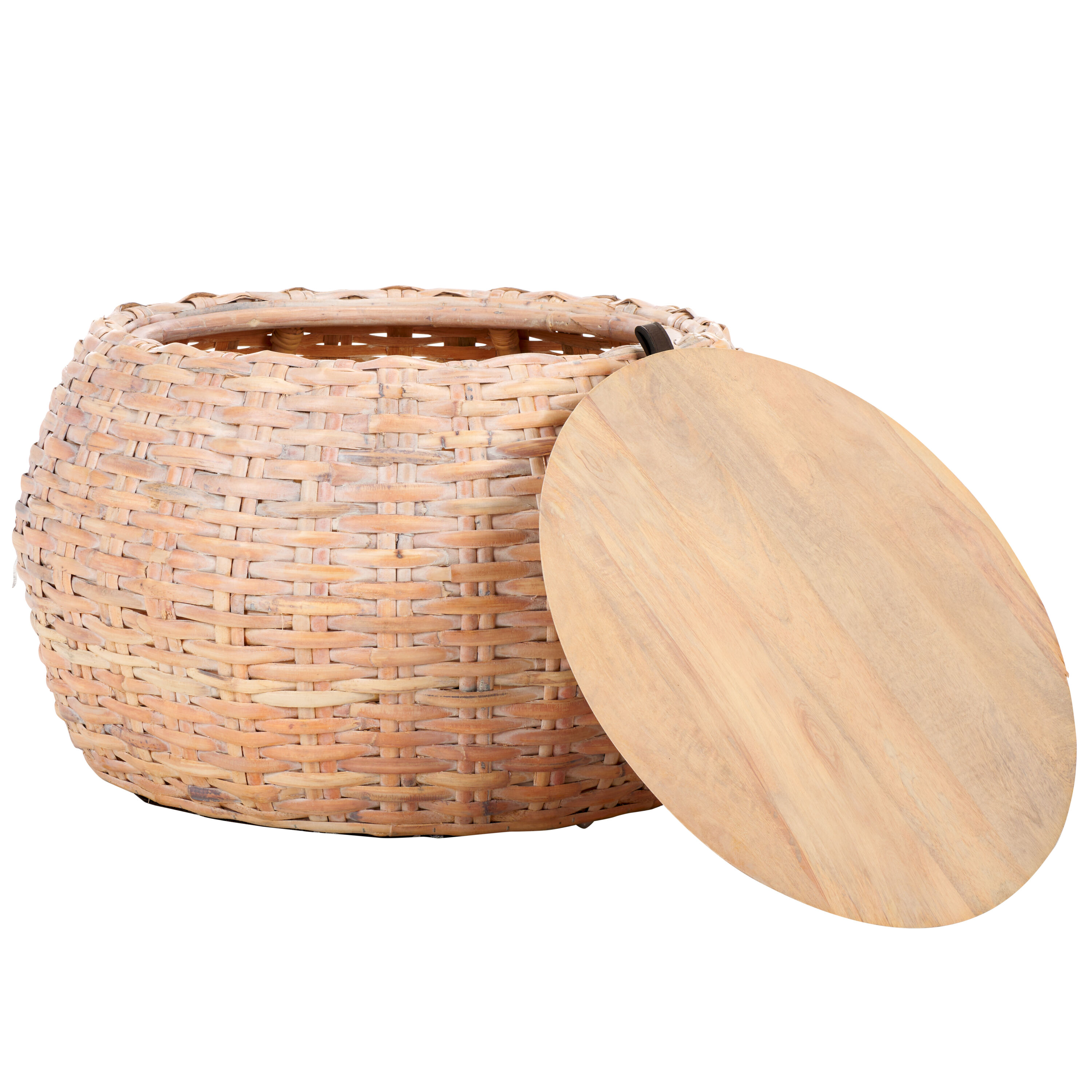Natural White Wash Wood and Rattan Round Coffee Table