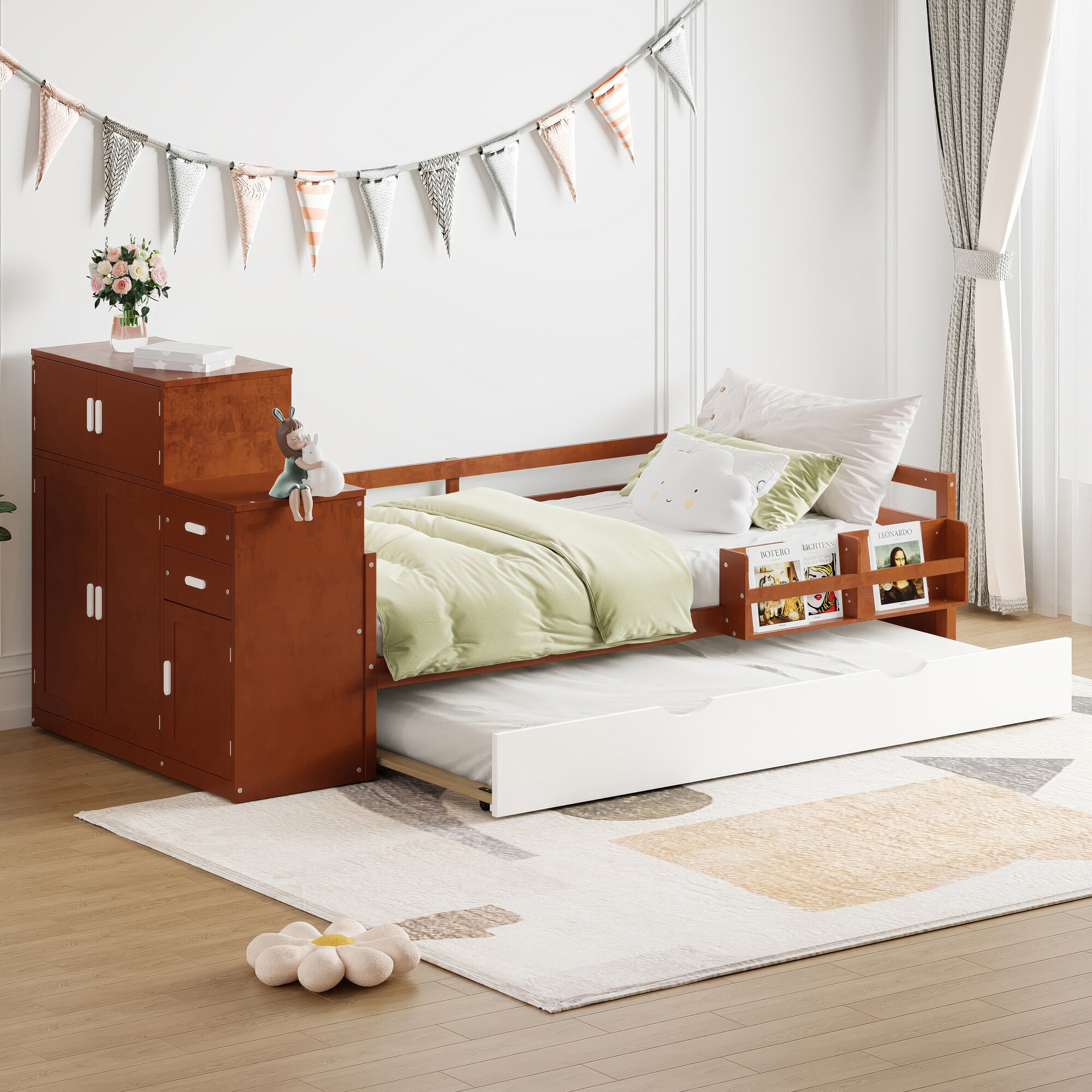 ModernLuxe N733S240684D Twin Size Wood Platform Bed with Sample Bookshelf and Movable WardrobeMultifunctional Bed with Builtin Trundle BedWalnut