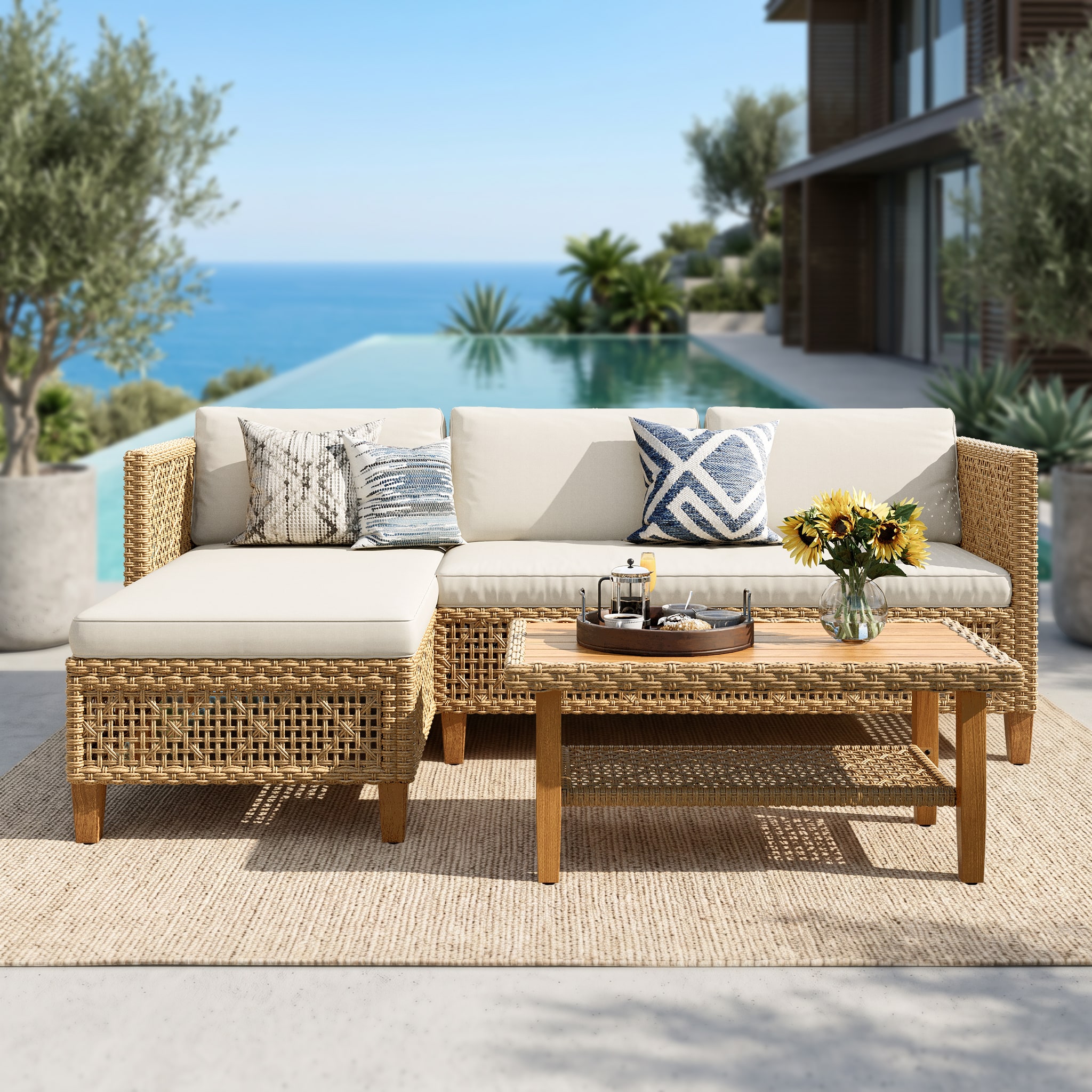 Sunshine Valley 2 -Piece Wicker Patio Conversation Set with Beige Cushions Included