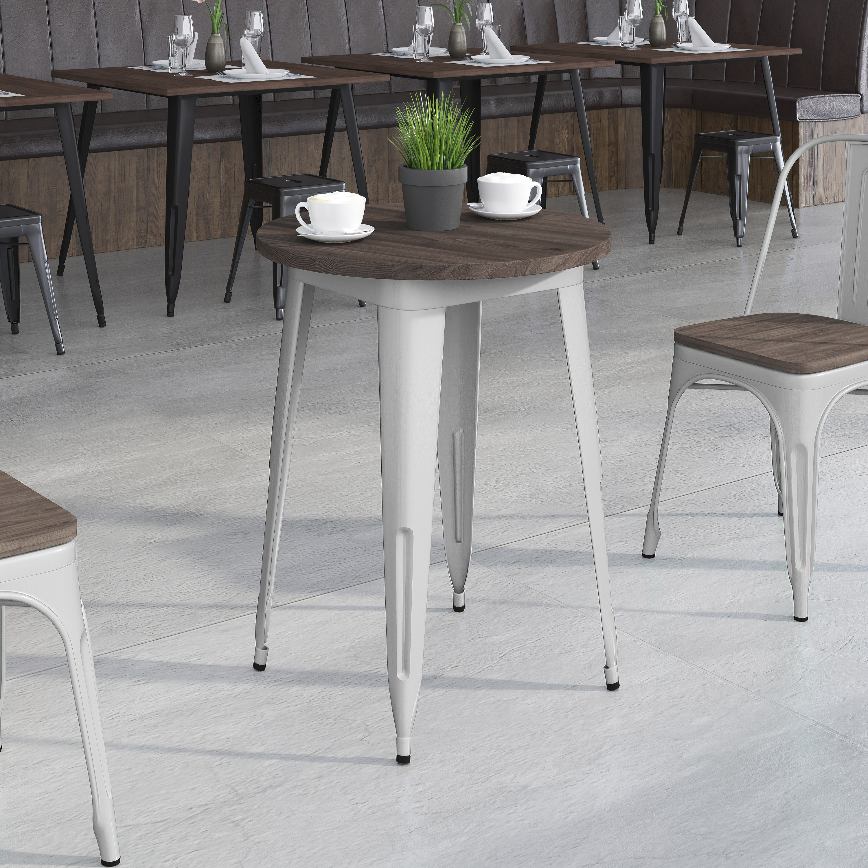 24" Round Silver Metal Dining Table with Walnut Wood Top
