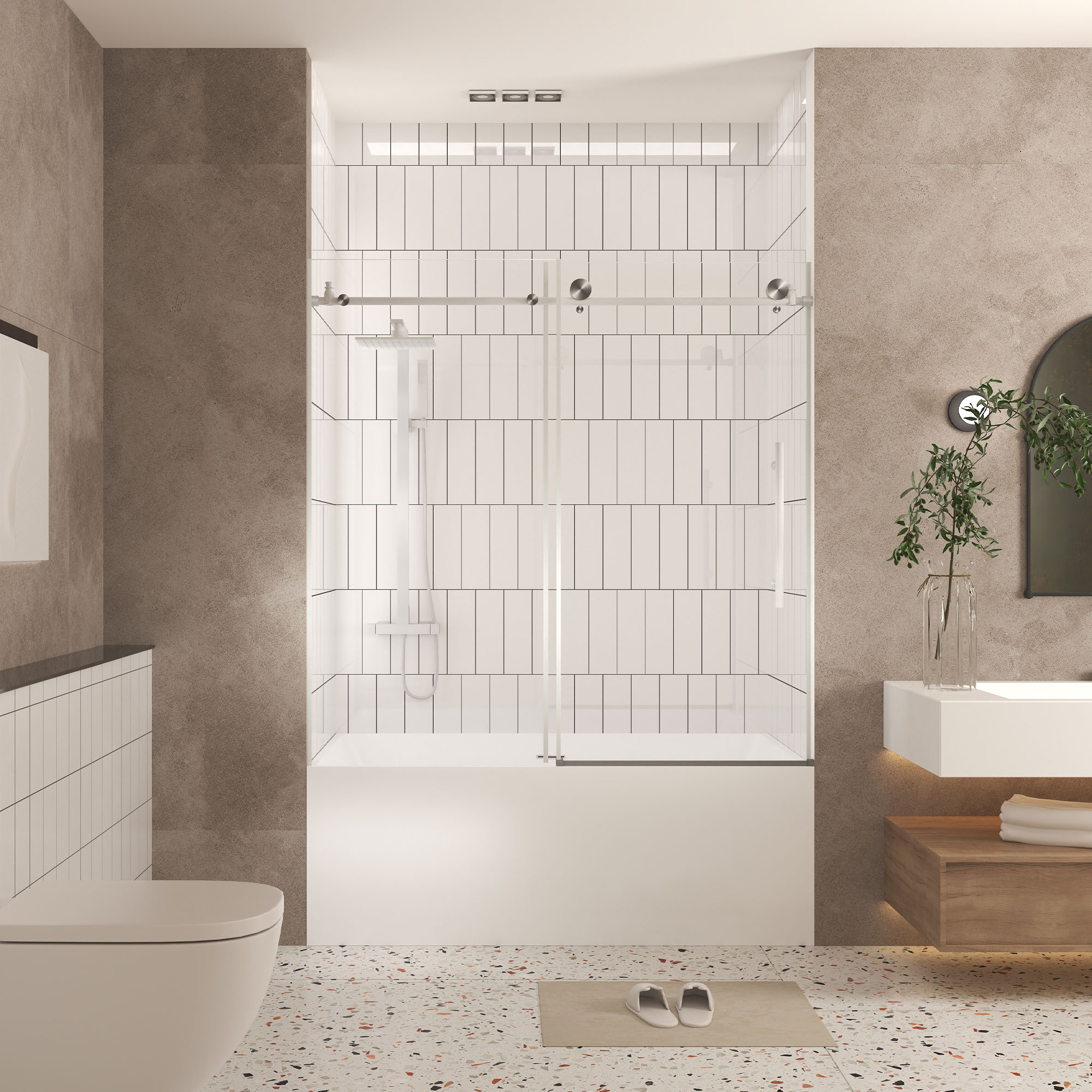 Vynxaria 56-60-in W x 76-in H Brushed Nickel Frameless Sliding Bathtub Door with 1/4-in Clear Tempered Safety Glass #VN6993